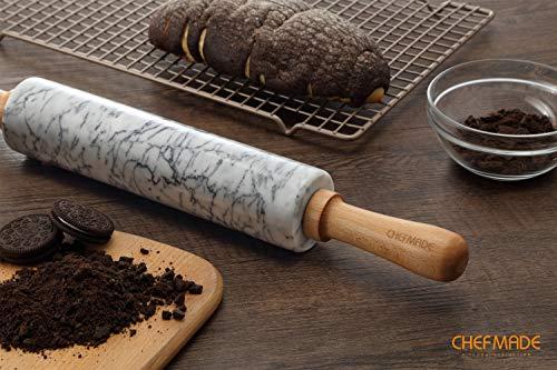 CHEFMADE CHEFMADE 18-Inch Marble Rolling Pin with Wooden Handles and Cradle, Non-Stick (Gray and White)