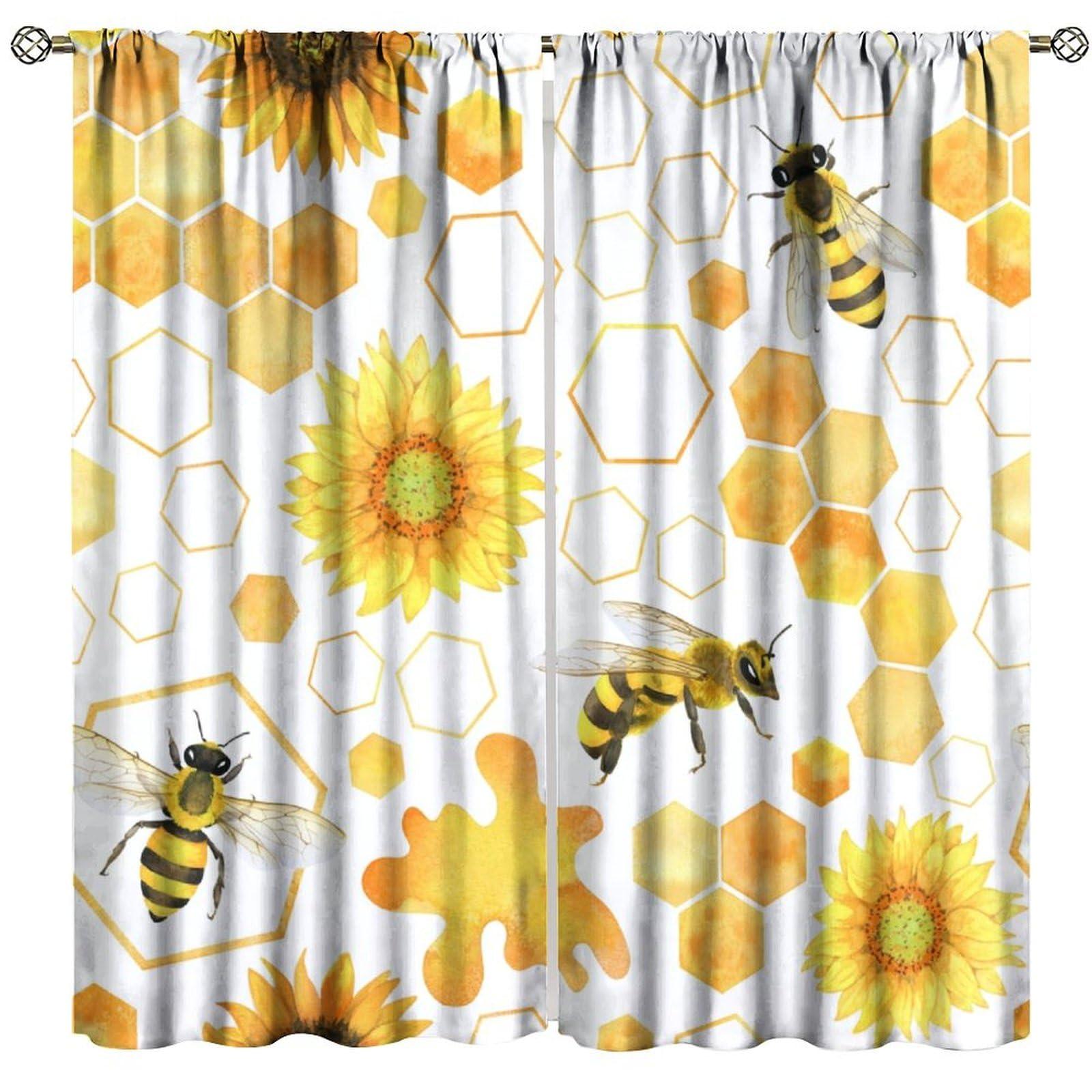 PHTAYOT Honey Bee Curtains, Bumble Bee Along Honey Comb Hexagonal Sunflower Print for Kids Boys Girls Room Decor, Rod Pocket Blackout Window Drapes for Bedroom Living Room Kitchen21 W X 63\" L