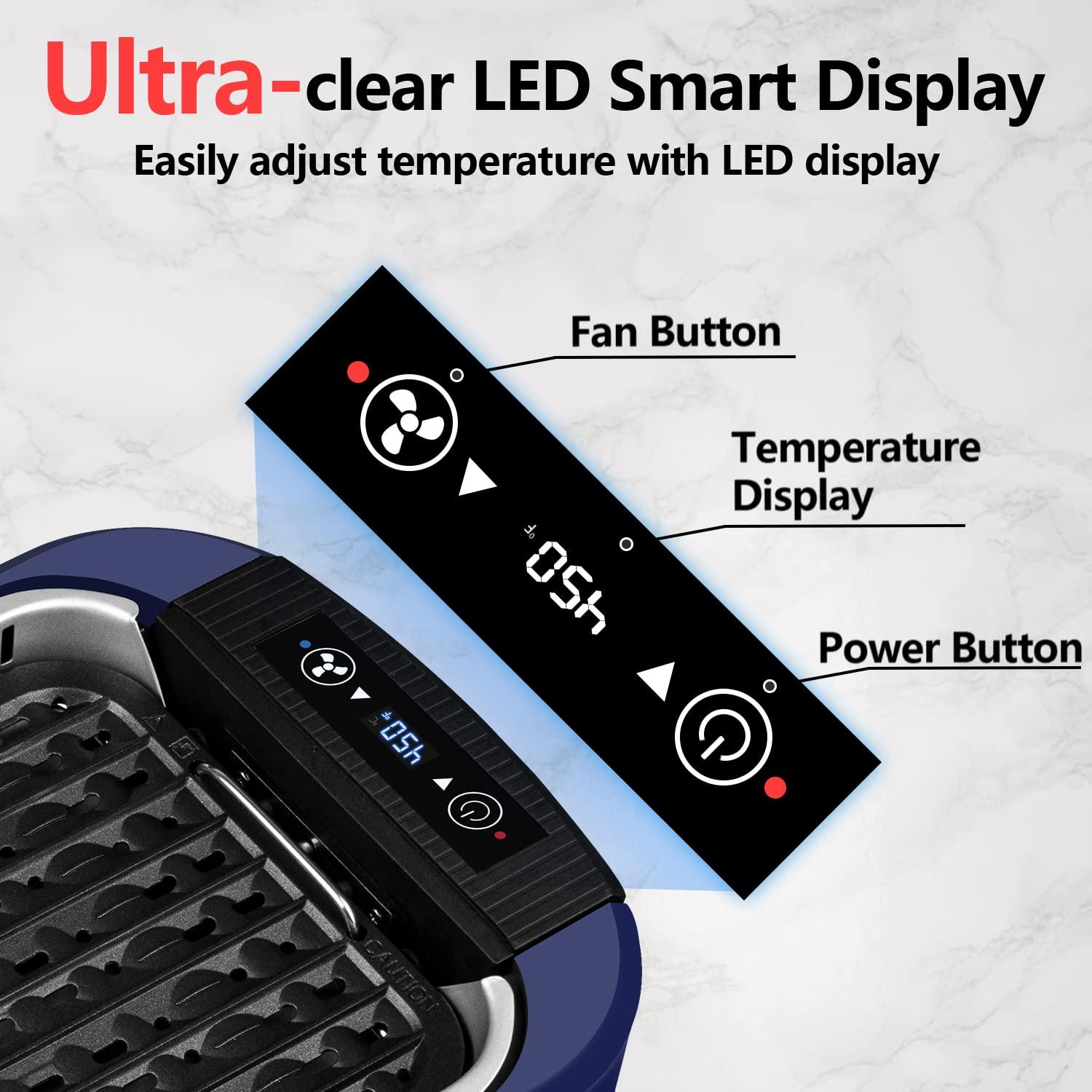 CUSIMAX CUSIMAX Smokeless Grill, 1500W Electric Indoor Grill with LED Smart Display & Tempered Glass Lid, Non-stick Removable Plate, Blue