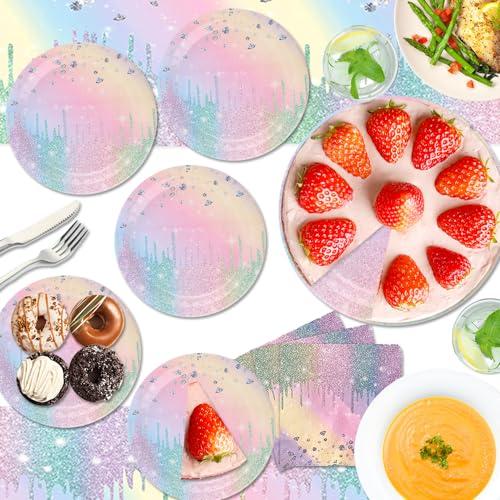 IPEWOEF Gradient Diamond Birthday Party Supplies Macaron Glitter Holographic Disposable Tableware Iridescent Party Decorations Paper Plates Napkins Banner Tablecloth for Girl Kid Baby Shower Wedding 10 Guests