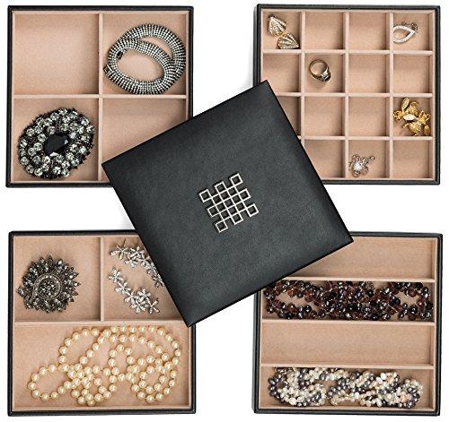 Glenor Co Glenor Co Jewelry Organizer Tray - 4 Stackable Trays & Lid with Mirror - 27 Slot Storage for Drawer, Dresser - Black