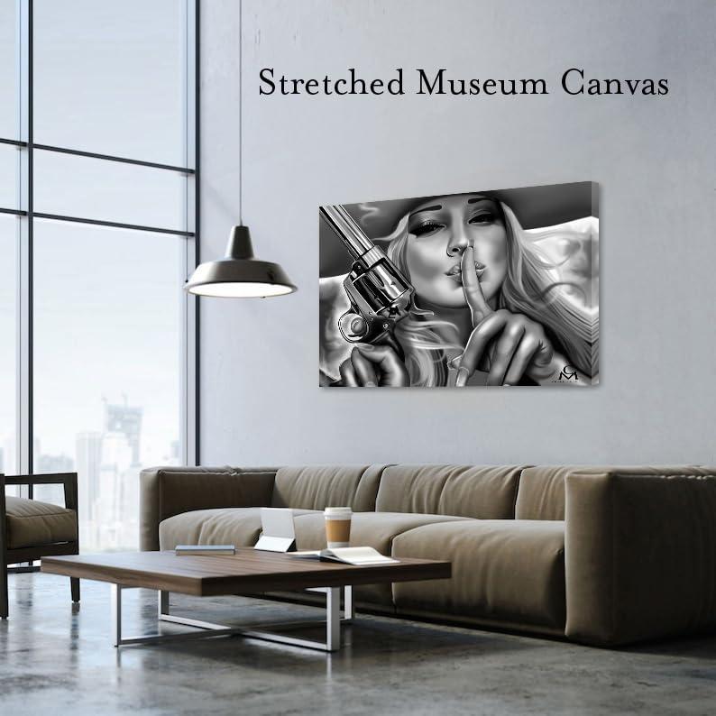 Black Market Art Company Queen of The West by Charlie Medina Cowgirl Black White Tattoo Canvas Art Print