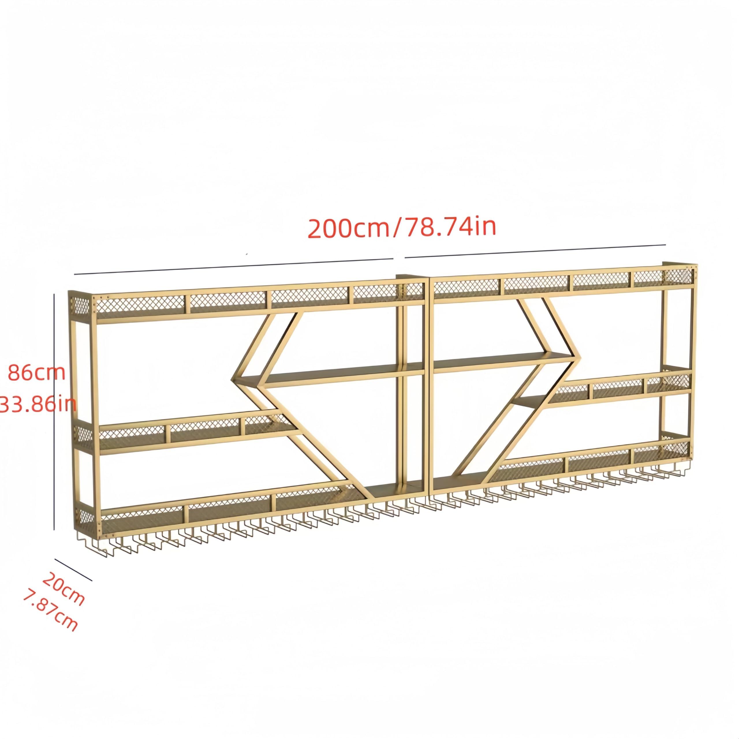 HFTUW HFTUW Modern Wall Mounted Wine Rack w/LED Light, Metal Wall Bar Shelves Wall Mounted w/Glass Holder, Large Liquor Shelf for Liquor Bottles for Home Bar & Dining Room(Gold-Yellow Led, 79in/200cm)