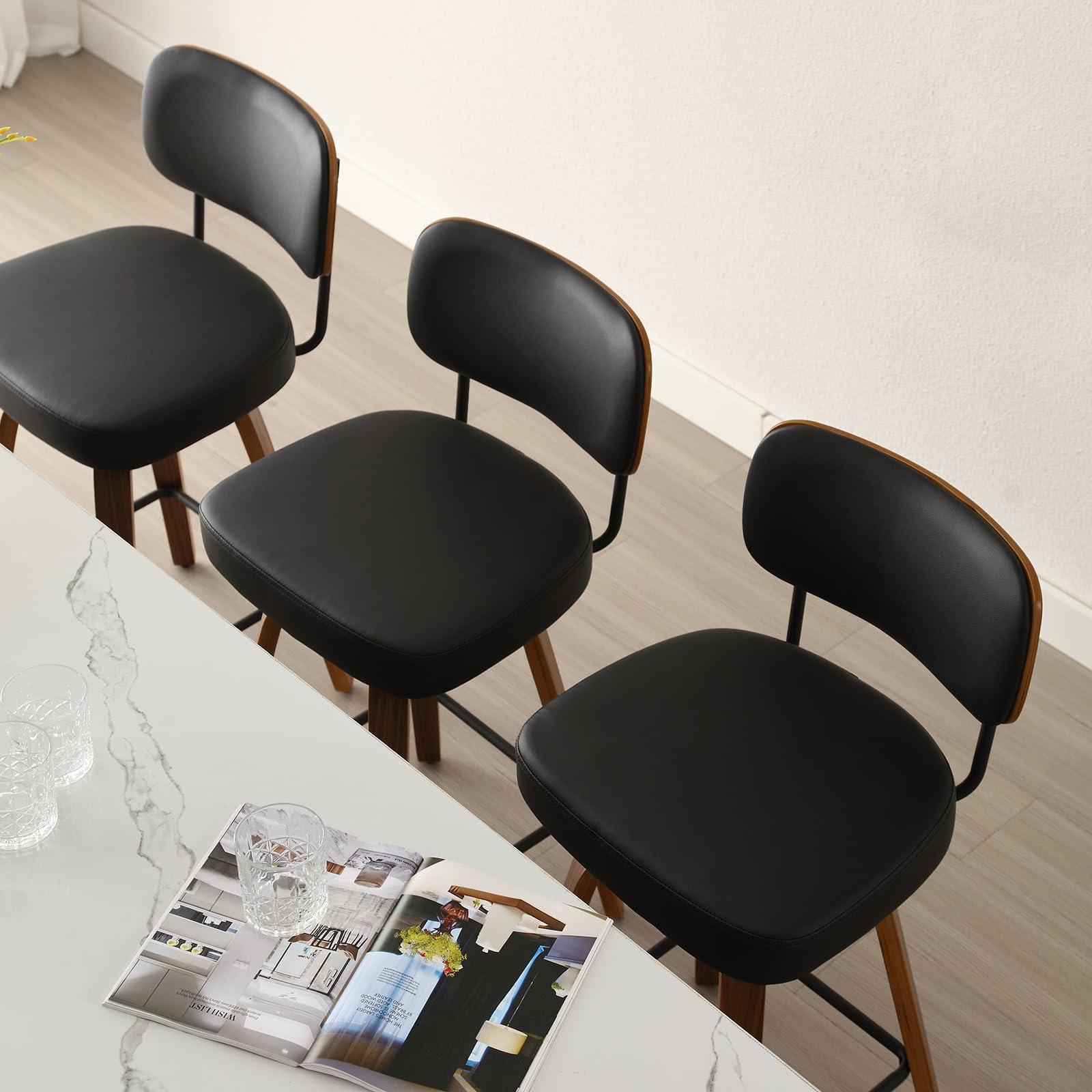 Bekrvio Bekrvio Swivel Counter Height Bar Stools Set of 3, 26\" Upholstered Faux Leather Barstools with Back and Bent Wood Legs, Mid Century Modern Bar Chair Island Stool for Kitchen Counter, Black