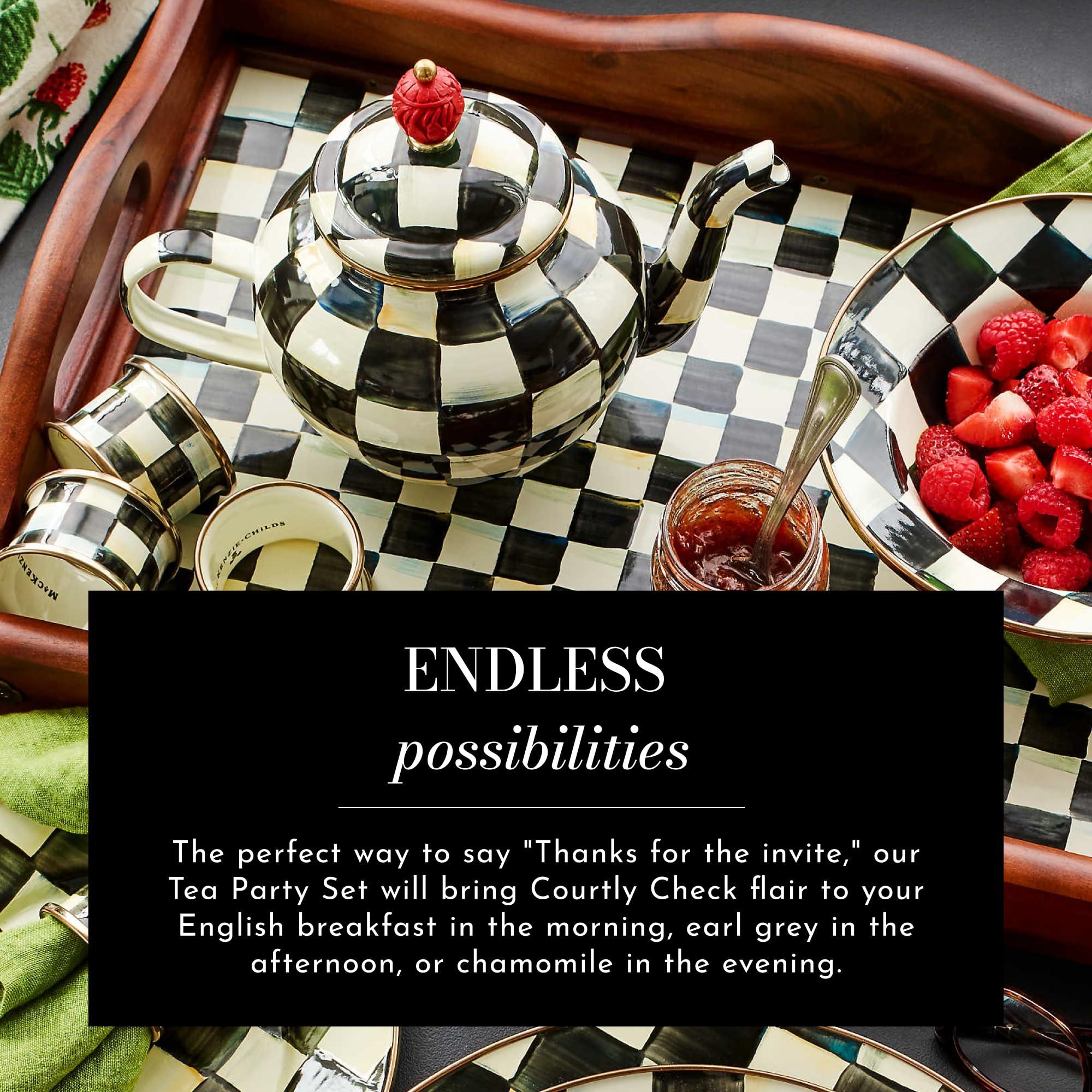 MACKENZIE-CHILDS MACKENZIE-CHILDS Enamel Tea Party Set, Unique Teapot and Teacups, Tea Accessories Set, Black-and-White Courtly Check