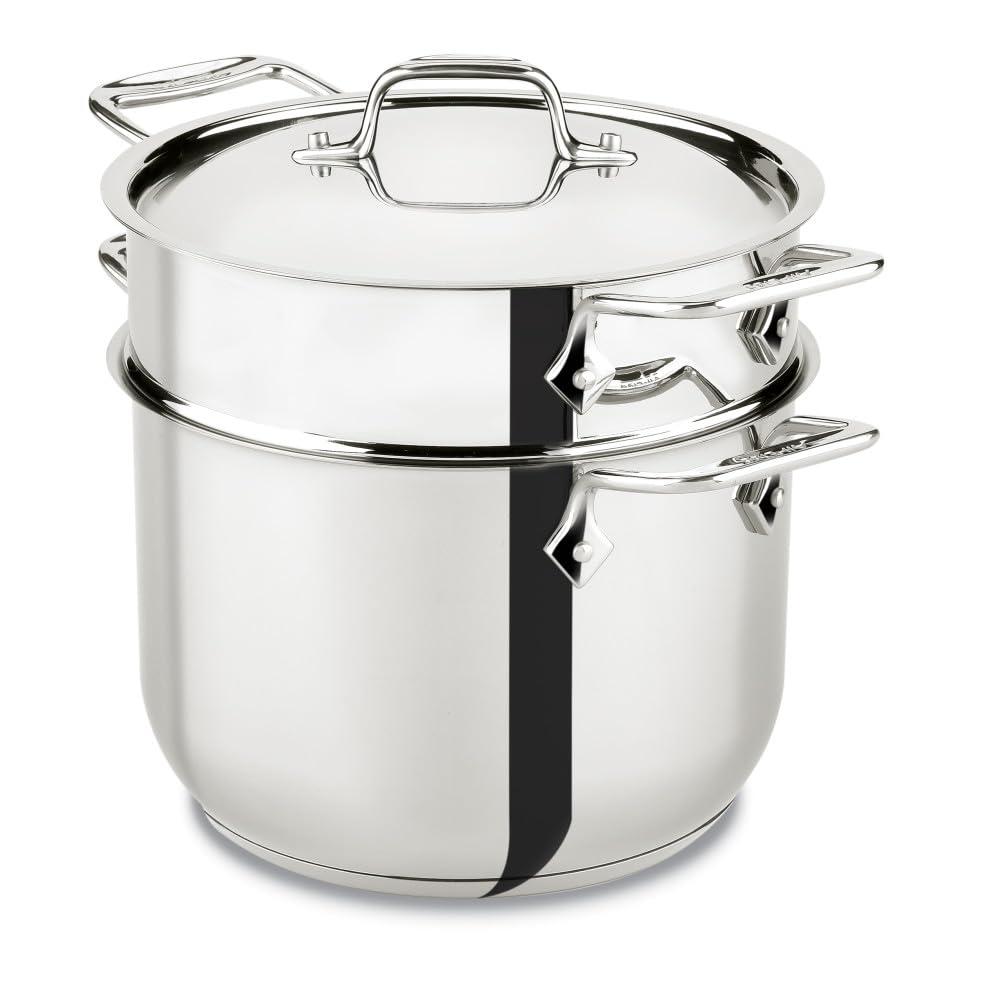 All-Clad All-Clad Specialty Stainless Steel Stockpot, Multi-Pot with Strainer 3 Piece, 6 Quart Induction Oven Broiler Safe 500F Strainer, Pasta Strainer with Handle, Pots and Pans Silver