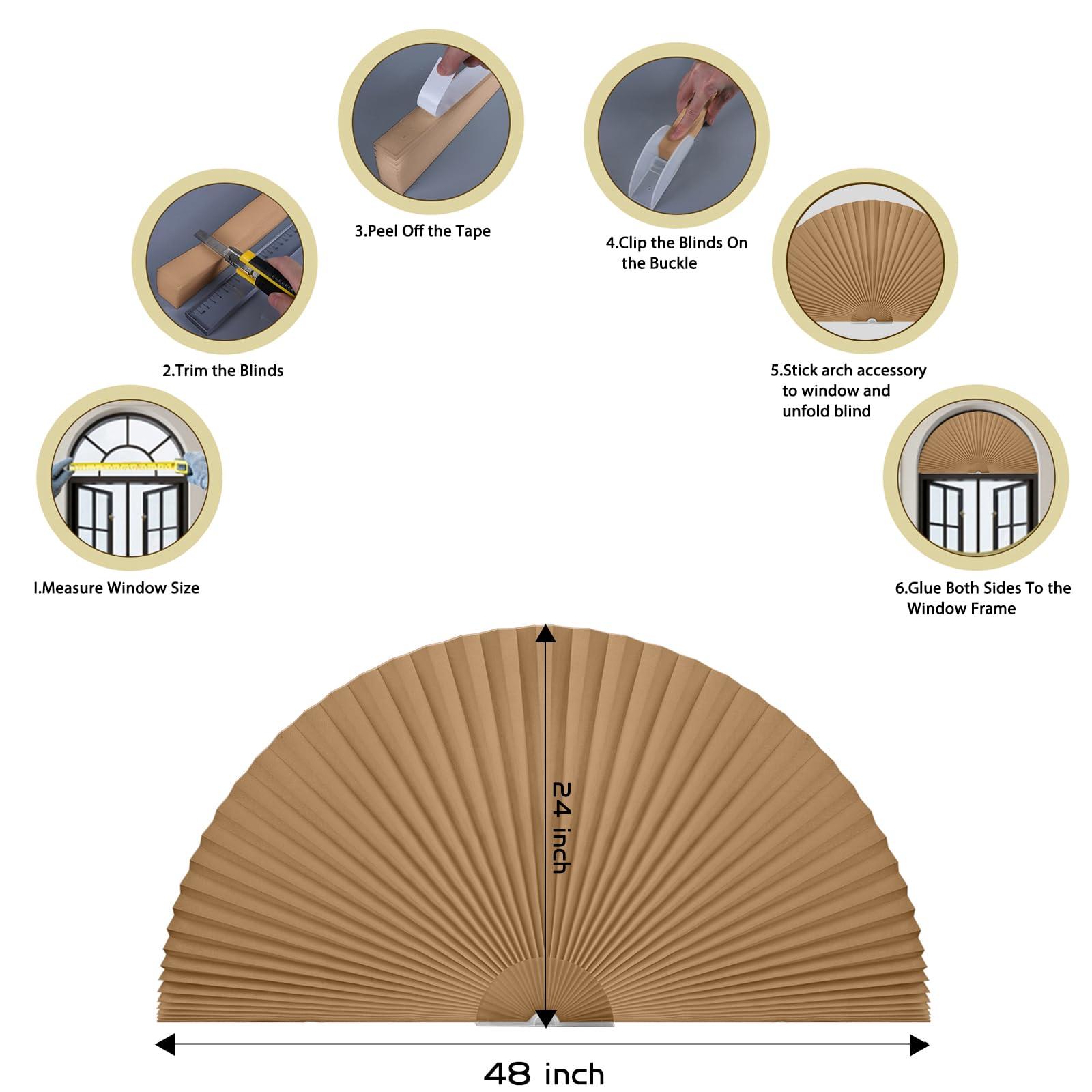 Jlong Arch Window Shade Curtains Half Circle Moon Pleated Fabric Blinds Semi Circle Temporary Light Filtering Pleated Paper Shades Half Round Window Covering Easy to Cut and Install(1,Brown,48x24Inches)