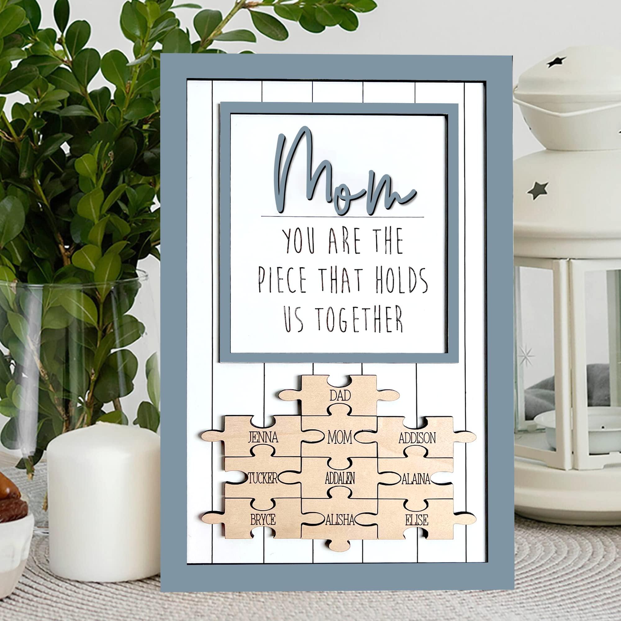 NAZENTI NAZENTI Personalized Mom Puzzle Sign, Custom Mom You Are The Piece That Holds Us Together With Family Name Sign, Puzzle Piece Sign, Birthday Christmas Mothers Women Day Gift From Kid, Mom Grandma Gift