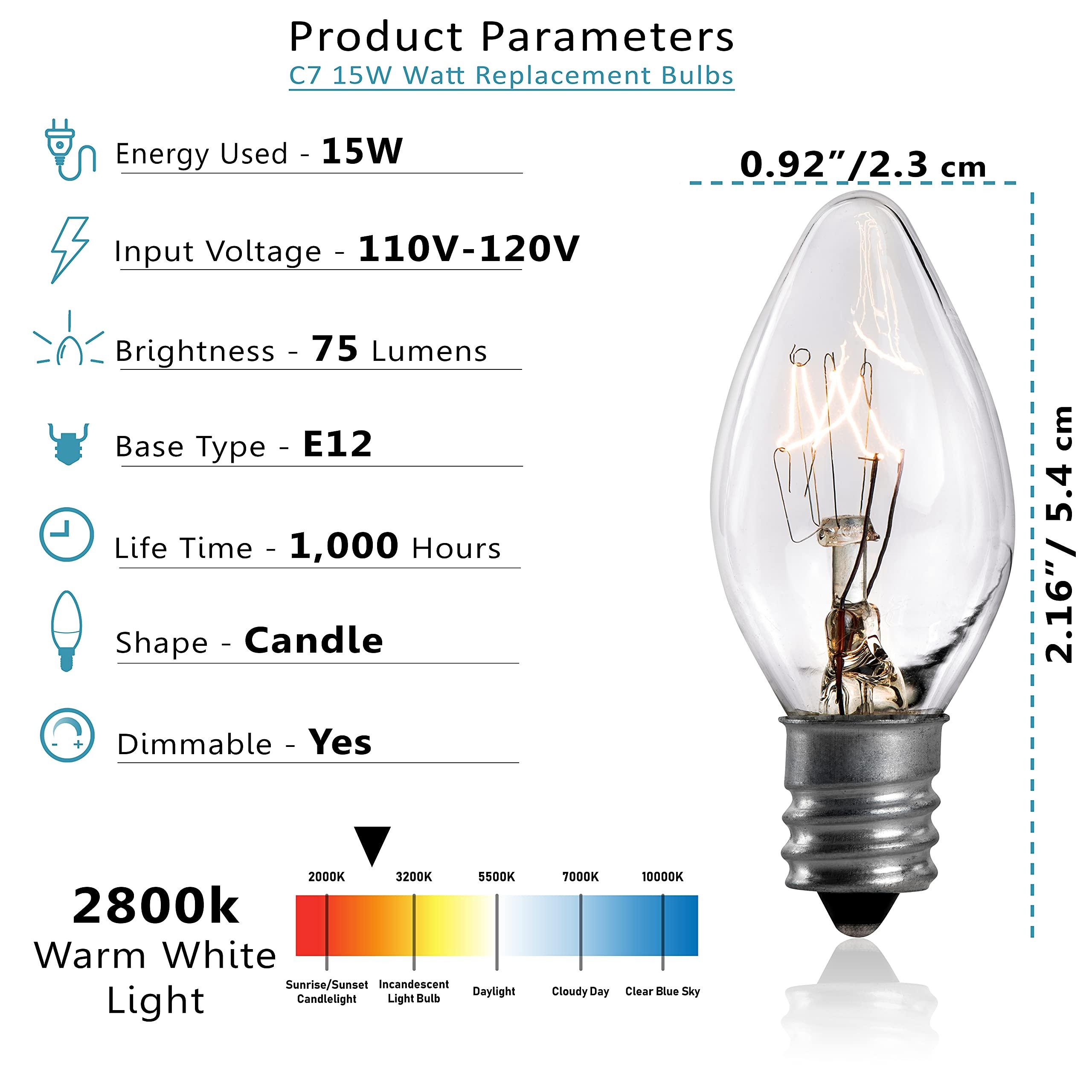 SouLight Salt Rock Lamp Bulb 15 Watt Replacement Bulbs for Himalayan Salt Lamps & Baskets, Chandeliers, Candle & Wax Warmers, Night Lights. E12 Socket, C7, Warm White 8 Pack