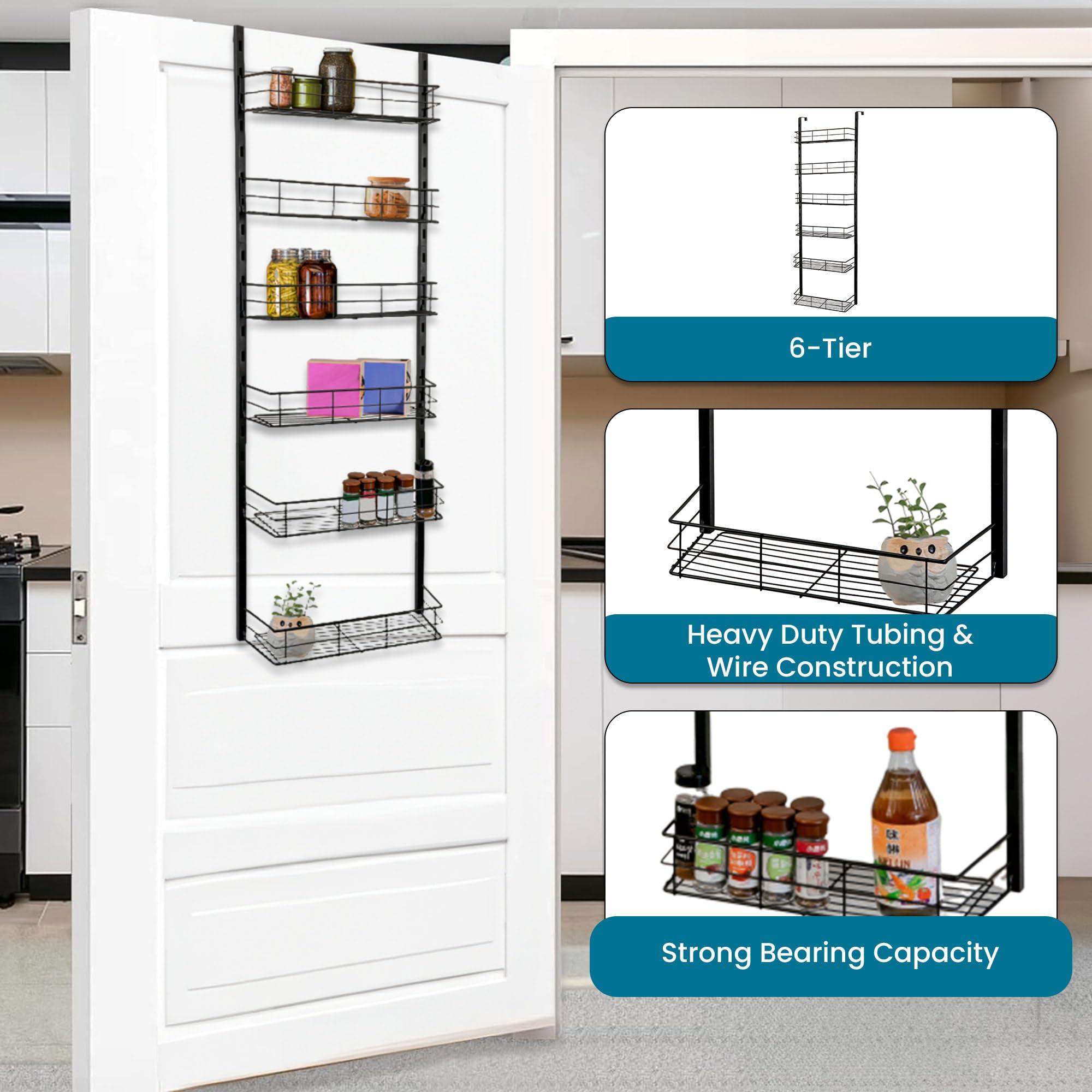 USTECH USTECH 6-Tier Heavy Duty Over The Door Pantry Organizer, Metal Hanging Storage Rack with Wired Tubing, Adjustable Shelves for Kitchen, Bathroom, Closet, Space-Saving Design, Black