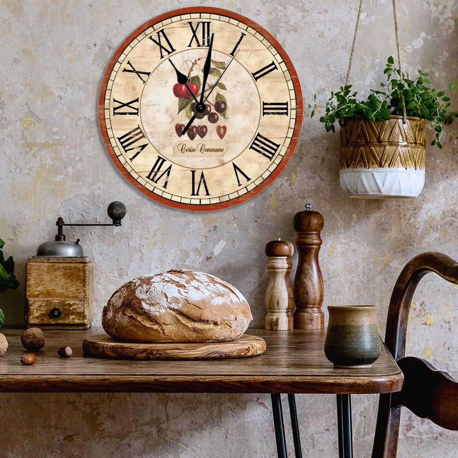 ArogGeld Retro Cherry Round Clock 12Inch Round Clocks French Cherry Wall Clocks Battery Operated Wall Clocks Retro Rustic Style Kitchen Clock for Kitchen Dinning Room Birthday Housewarming Gift