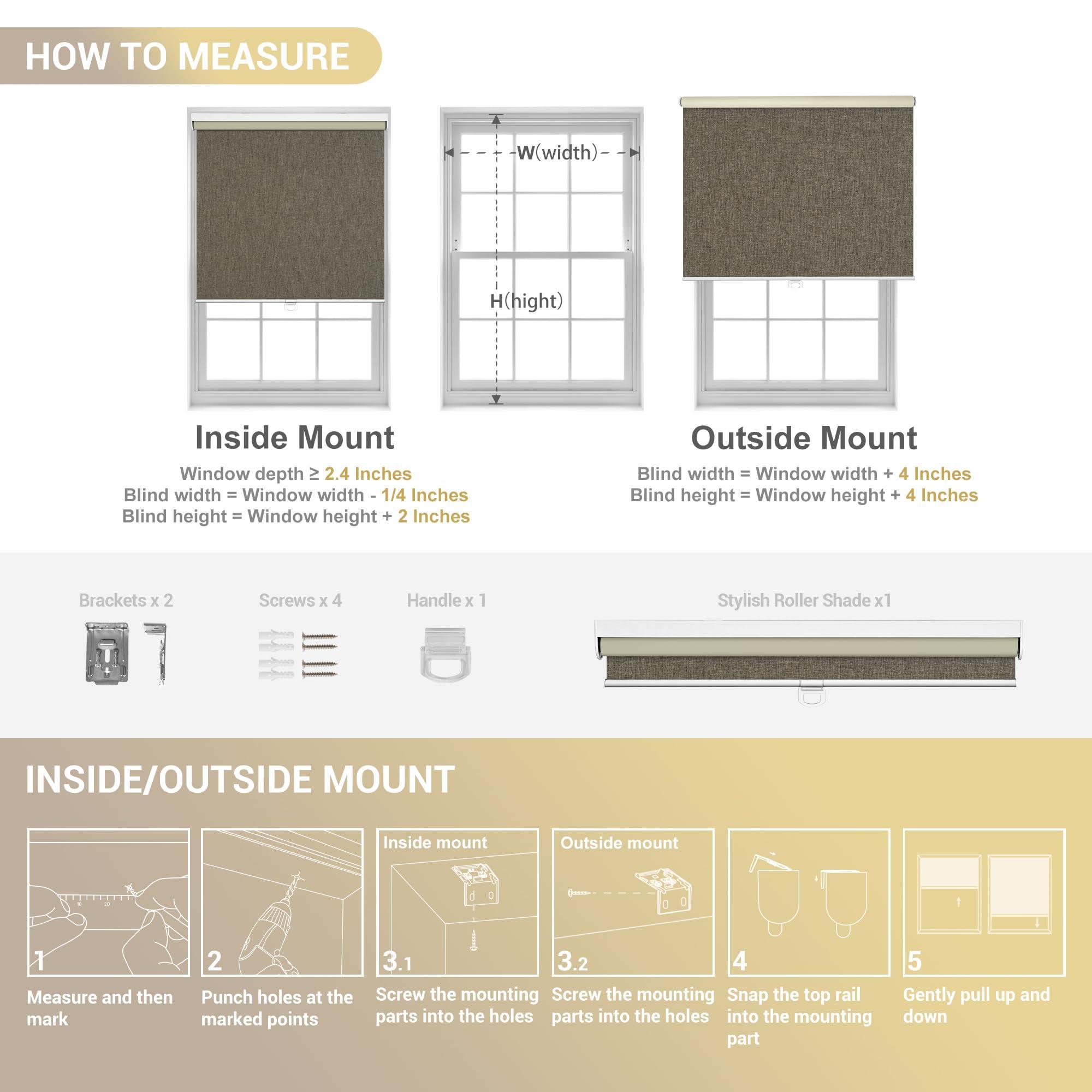 HOTSOON HOTSOON Blackout Cordless Roller Blinds for Indoor Windows, Natural Linen Fabric Roller Shades Thermal Insulated roll up shades UV Protection Privacy Blinds, Brown, 55" W x 72" H