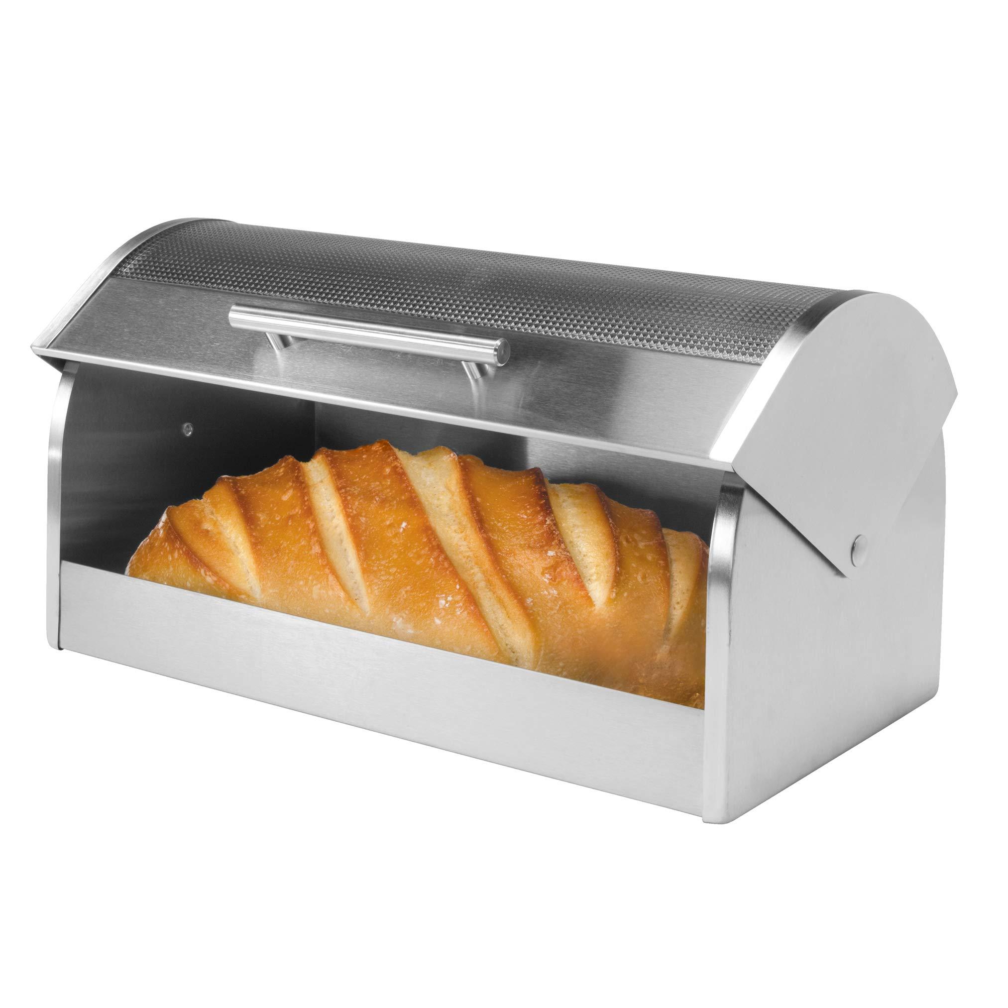 Oggi Oggi Stainless Steel Roll Top Bread Box for Kitchen Countertop with Tempered Glass Lid - Fits Multiple Large Loaves of Bread and Other Freshly Baked Goods Including Cookies, Bagels, Muffins