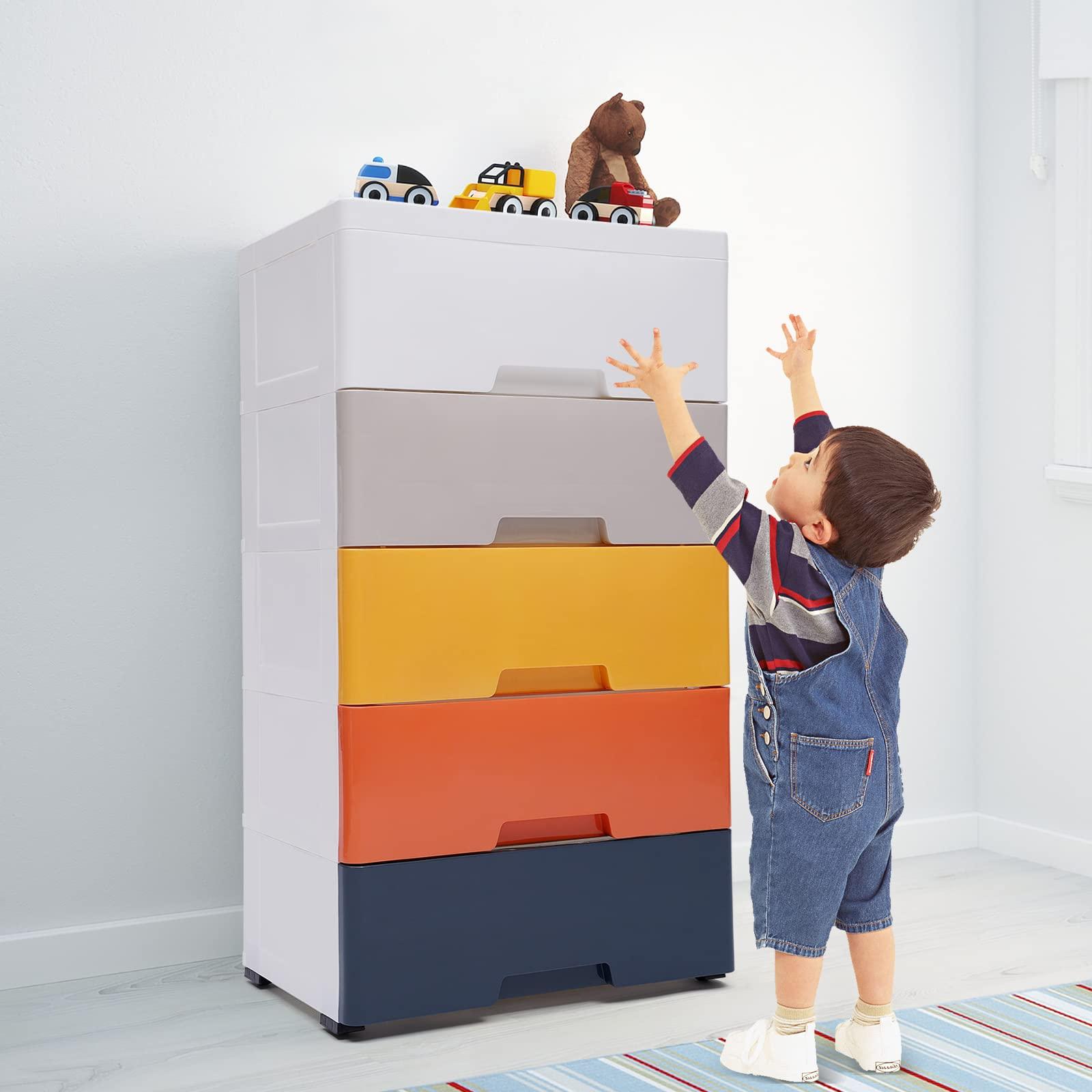 Gdrasuya10 Plastic Drawers Dresser, Storage Cabinet with 5 Drawers, Organizer Unit Stable Cart on Wheels Waterproof Plastic Cabinet with Locked Drawer for Bedroom Apartment, Five Color Mix (Colorful)