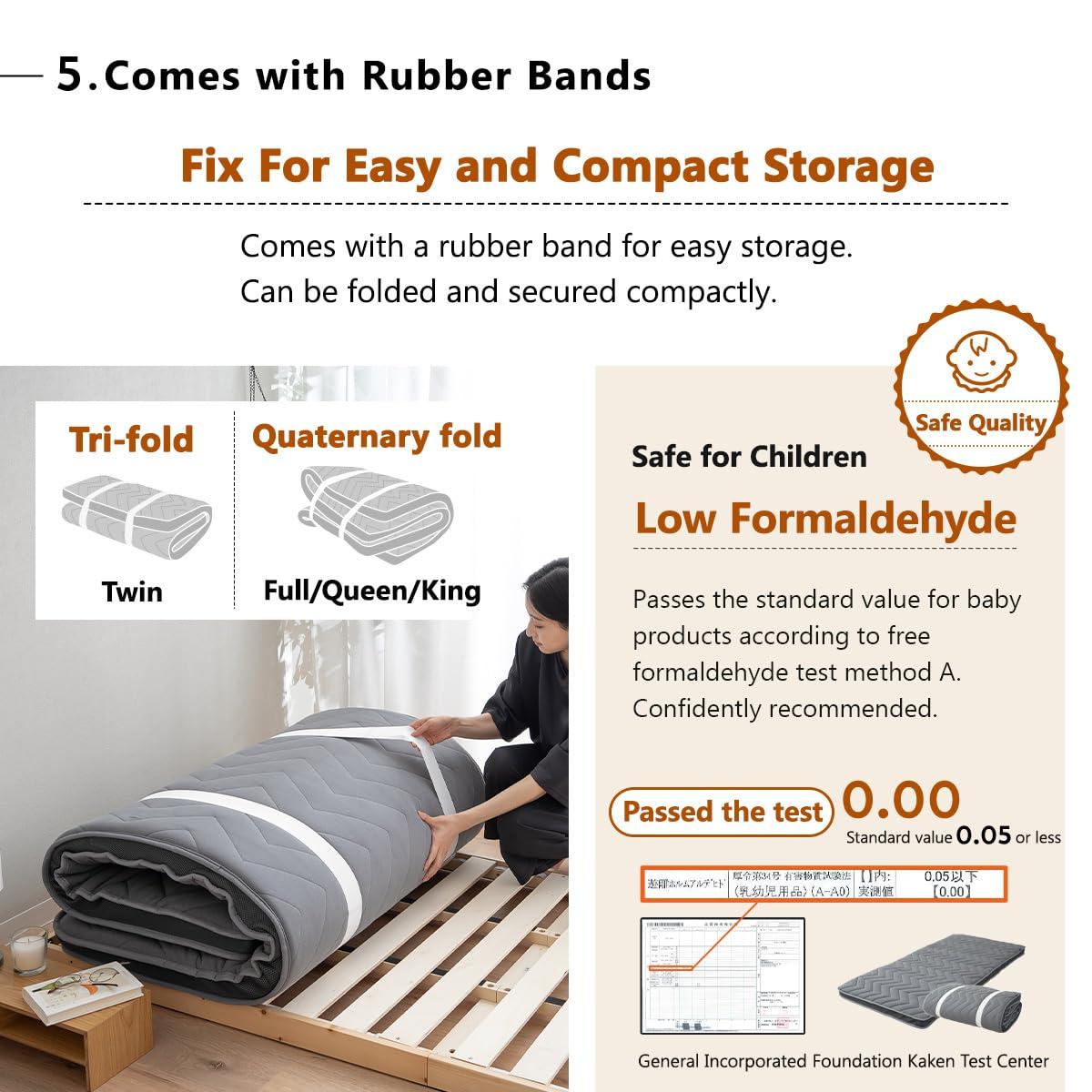 EMOOR EMOOR Japanese Wool-Blend Padded Futon Mattress GOMA Queen Dark Gray, Gusset Foldable Sotrable Elastic Bands Floor Sleeping Guest Bed Tatami Mat