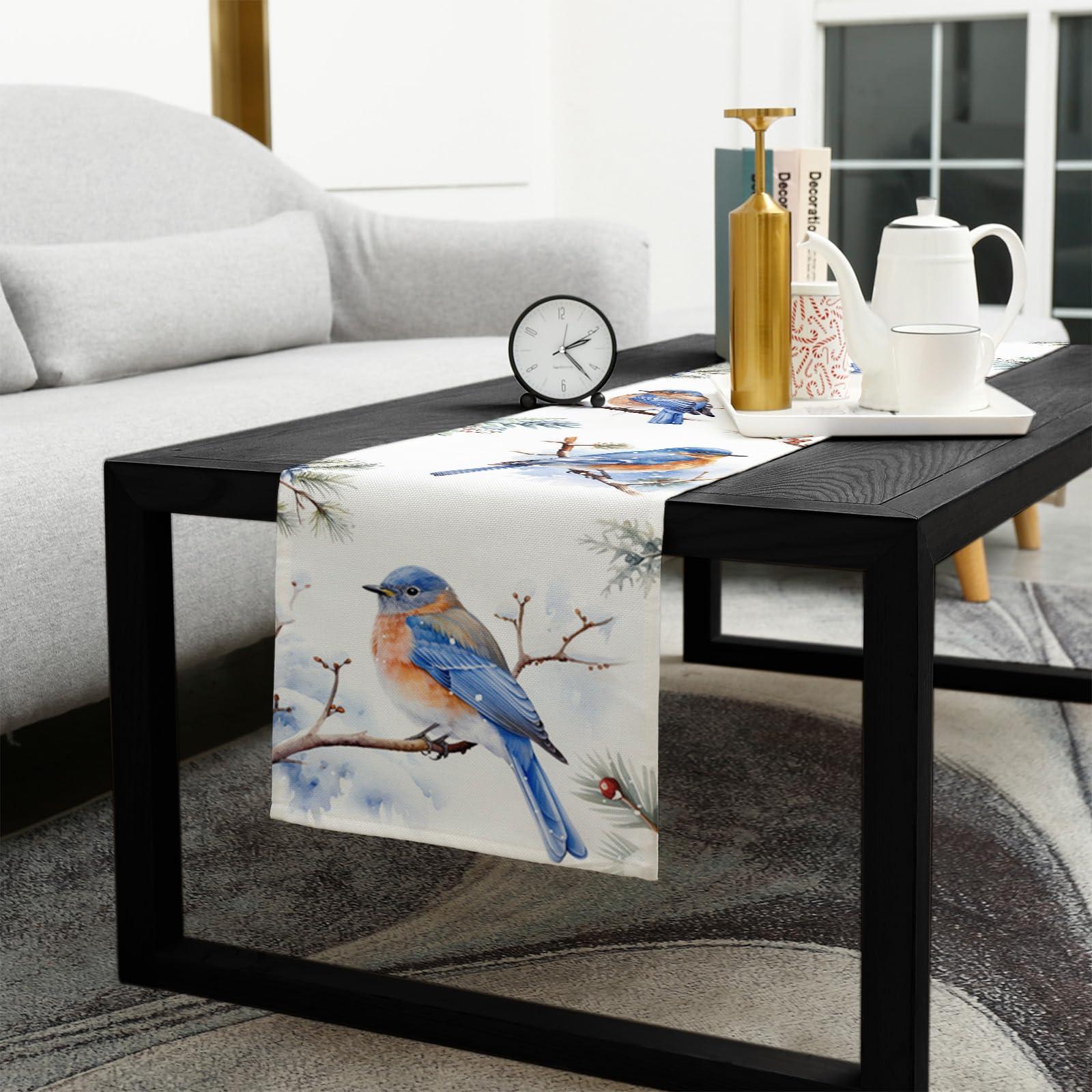 PIEPLE Blue Christmas Bird Table Runner-Cotton Linen-36 Inch Holiday Dresser Scarves, Winter Berry Snowy Pine Cones Tablerunner for Kitchen Coffee/Dining Bedroom Home Living Room Dinner Scarf Dcor 13x36