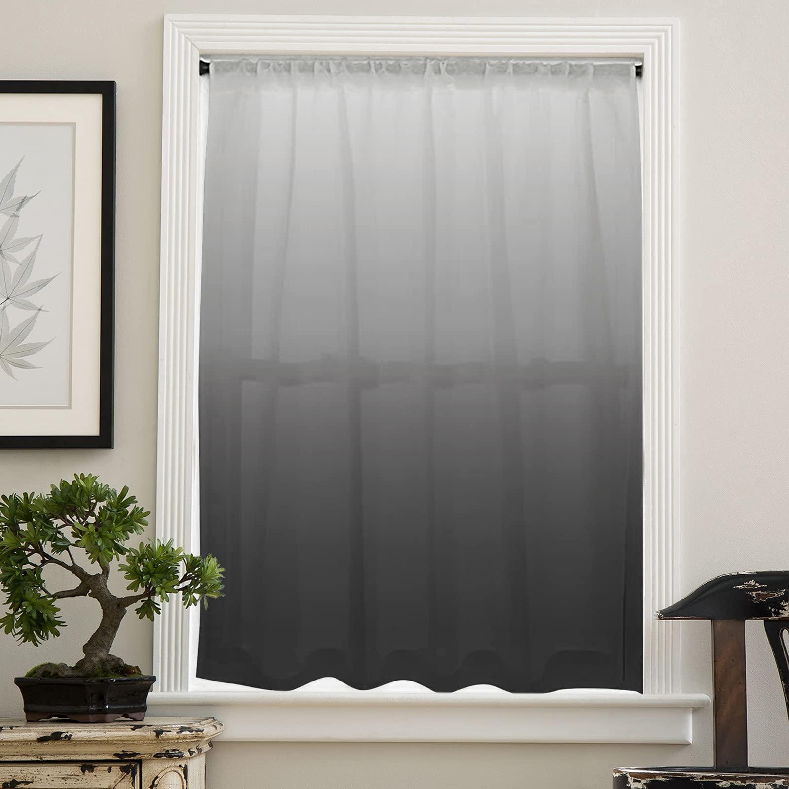 Sunteeny Ombre Sheer Curtains 45 inches Long for Bedroom Living Room Panel Gray Black Gradient Pattern Rod Pocket Voile Curtain Light Filter Window Treatments Net Drapes for Kitchen/Sliding Door 52x45in
