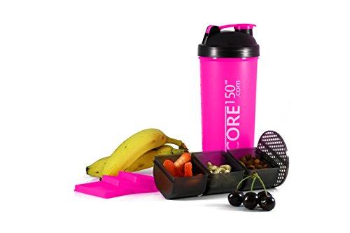 Core 150 Core150 Attitude Shaker - Pink - 35oz Protein Shaker Bottle. Contains easy stack removable storage with 3 compartments