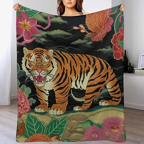 MangGou MangGou Oriental Toile Chinoiserie Flannel Blanket Animal Tiger Stripe Pink Floral Throw Blankets Colorful Flower Animal Print Tiger Throw Blanket for Bed Home Decoraive Warm Blankets 40x50in