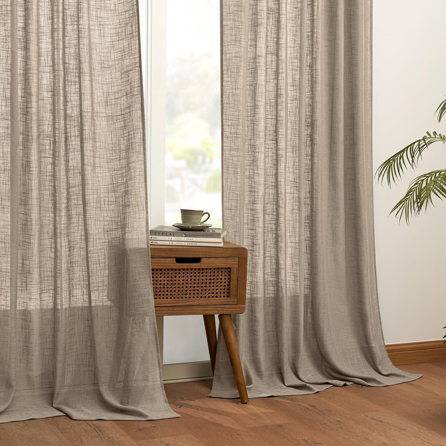 MIULEE MIULEE Taupe Linen Curtains 90 Inch Length 2 Panels for Bedroom Living Room, Back Tab & Hook Belt Pleated Soft Thick Linen Textured Window Drapes Semi Sheer Light Filtering Farmhouse Burlap Look Decor