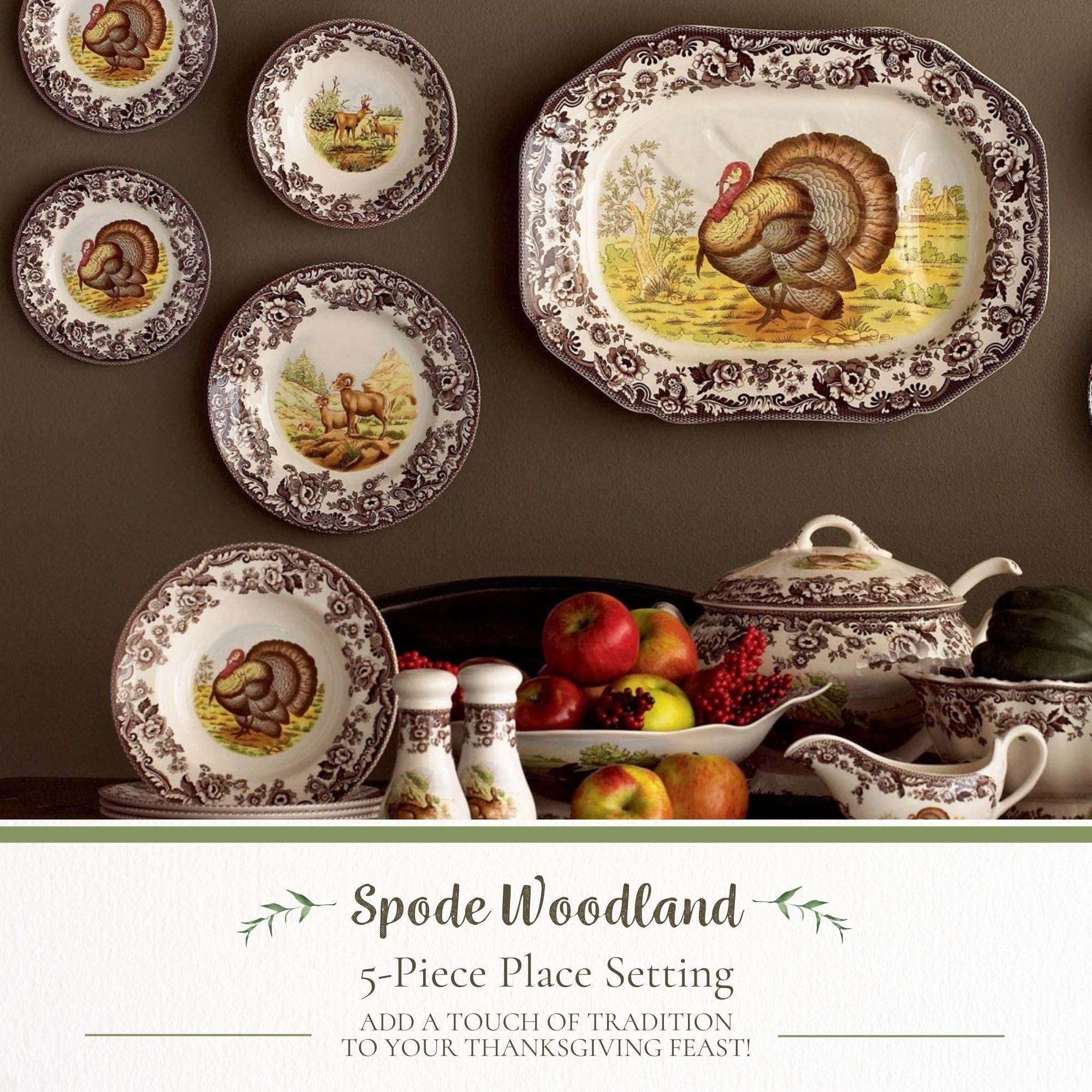 Spode Spode Woodland 5-Piece Thanksgiving Dinnerware Set - Porcelain Plates & Teacup and Saucer, Fall Dinnerware Collection - Microwave & Dishwasher Safe - Elegant Autumn Tableware