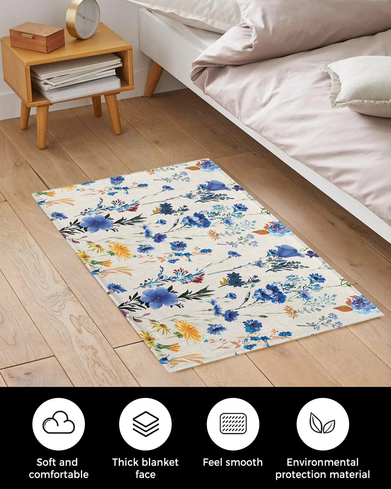 Edwiinsa Edwiinsa Botanical Flower Plush Rug Non Slip Bath Mat, Soft Shaggy Long Fur Fuzzy Bath Rugs 20\" x 31.5\" Blue Farmhouse Country Leaves Carpet Mat for Bathroom Shower Home