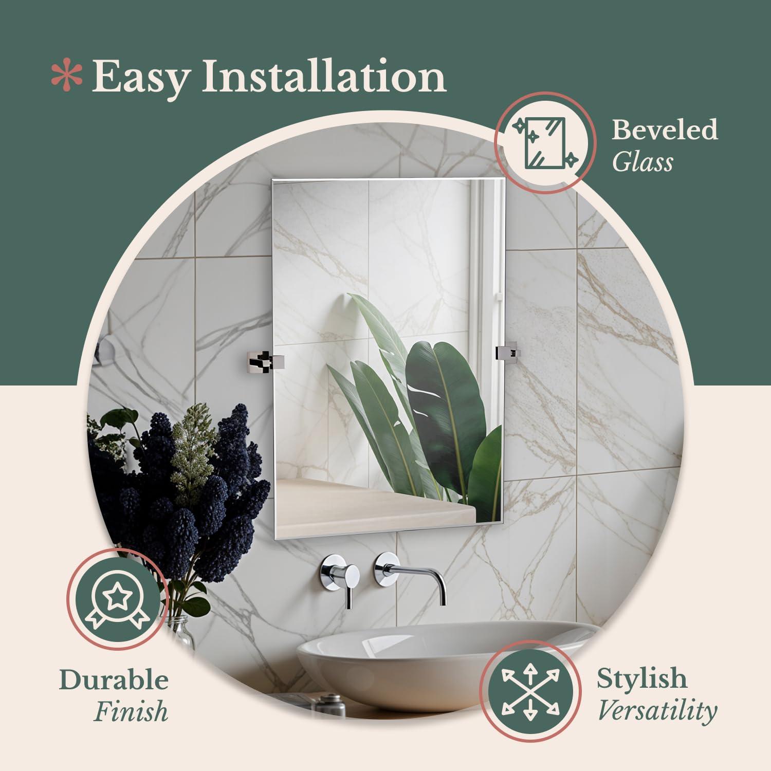 Hamilton Hills Hamilton Hills Large Squared Modern Pivot Rectangle Mirror with Polished Chrome Wall Anchors | Silver Backed Adjustable Moving & Tilting Wall Mirror | 20" x 30" Inches