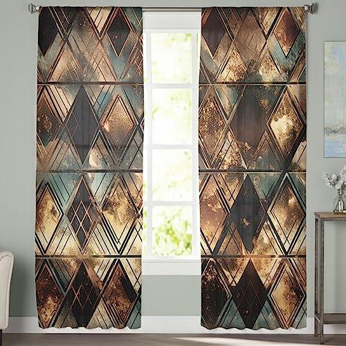 PIEPLE Brown Teal Geometric Sheer Curtains 63 Inch Length 2 Panels Set for Living Room/Bedroom, Retro Modern Plaid Abstract Art Semi Curtain Sheers Drapes Rod Pocket Curtains Window Treatment Set 52x63x2