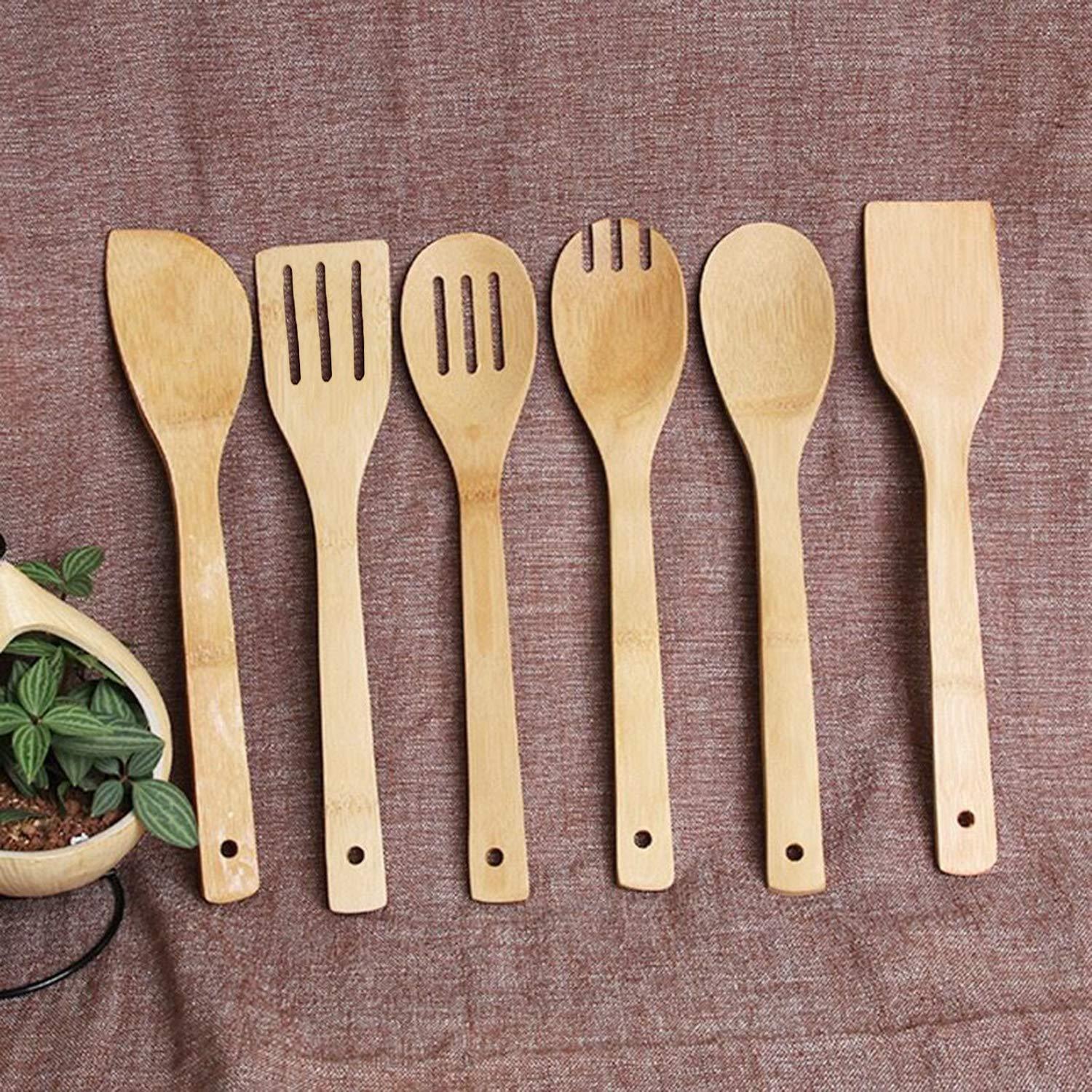 wertyu Wooden Spoons for Cooking, 6-Piece 12 Inch Bamboo Utensil Set Wood Spatula Spoon Nonstick Kitchen Utensil Set Premium Quality Housewarming Gifts Wooden Utensils for Everyday Use