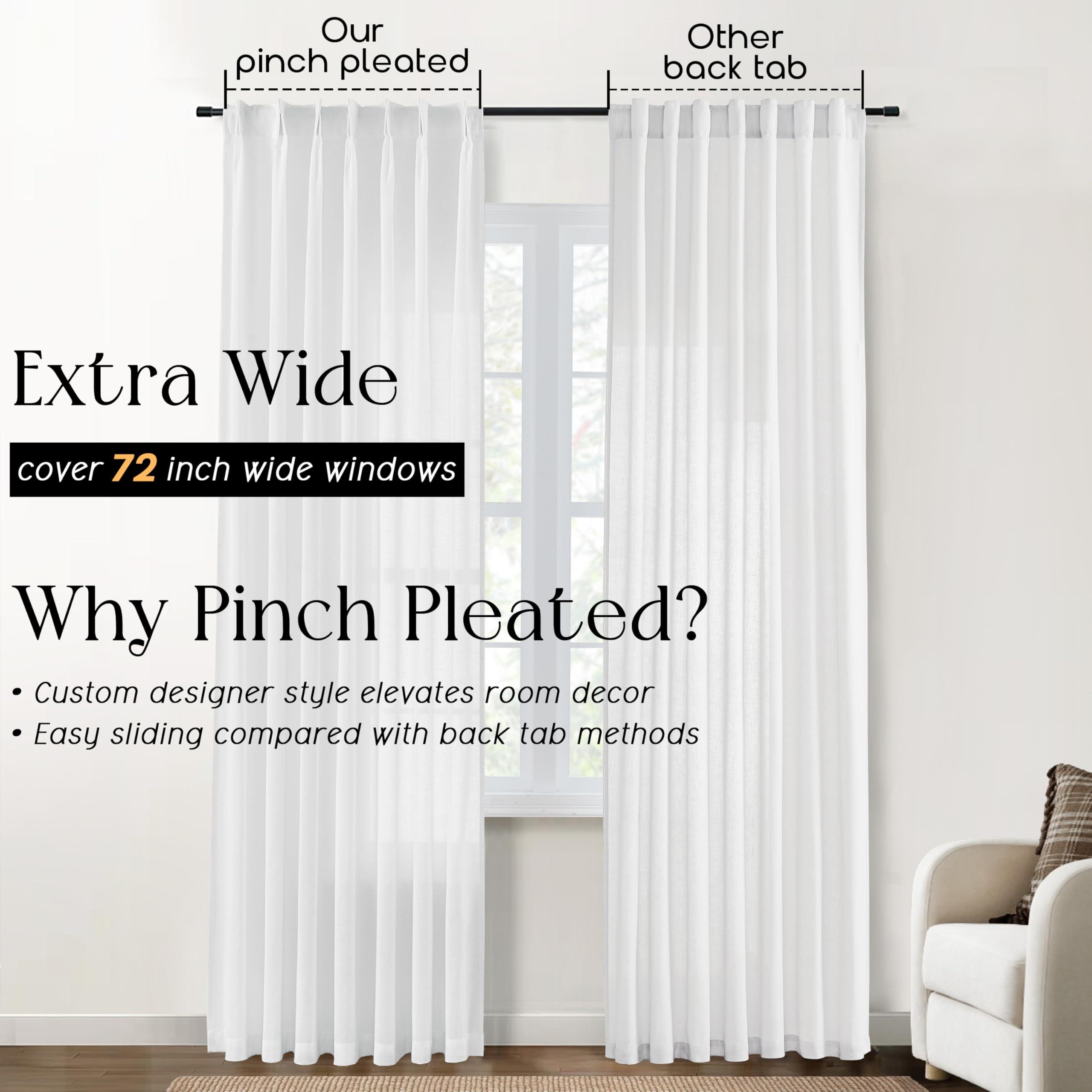 SHINELAND SHINELAND 102 Inch Long White Curtains Drapes for Living Room,Pinch Pleated Linen Sheer Extra Long Ceiling Curtains,102 in Length