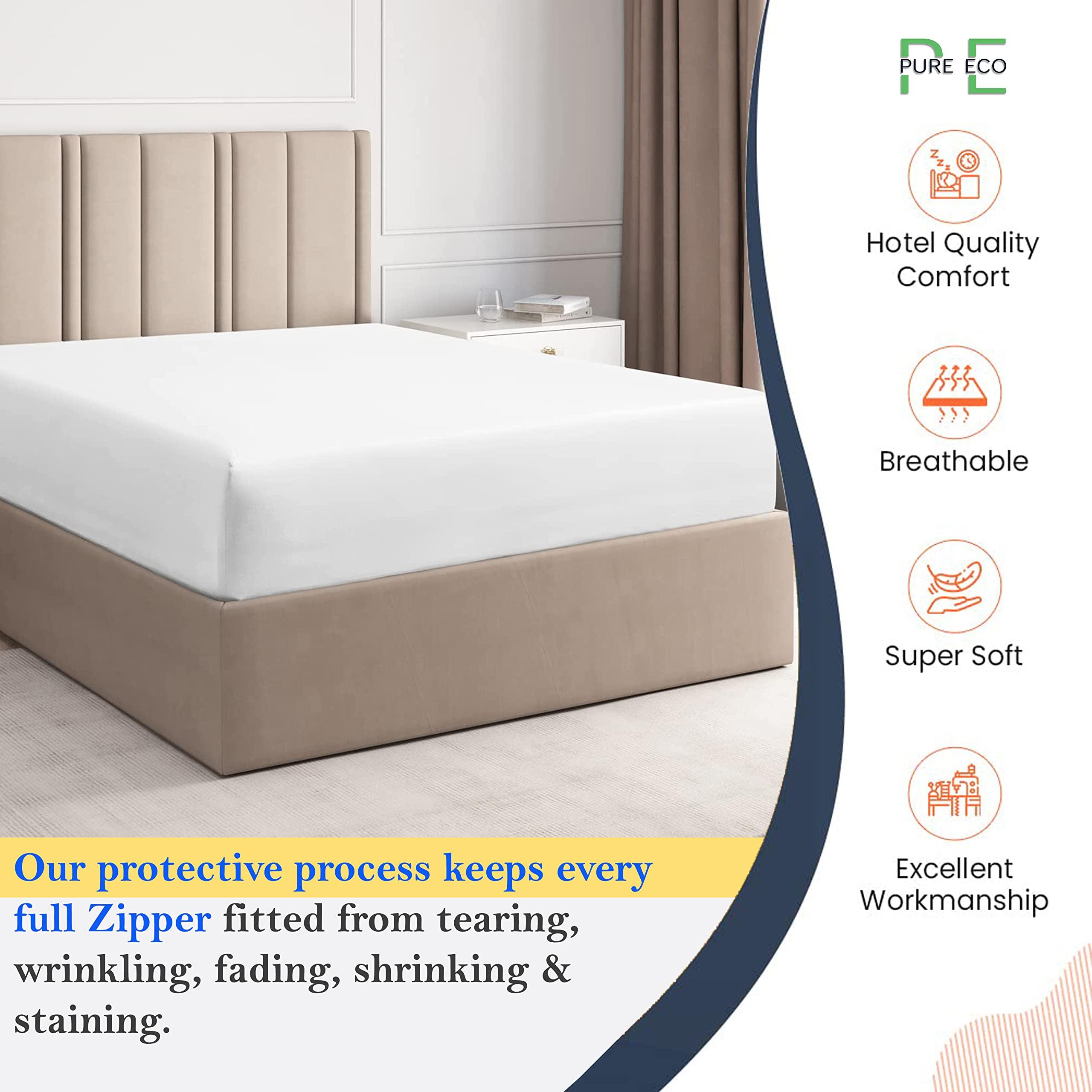 PURE ECO Pure Eco Fitted Sheet Zipper Twin XL Size 39\" X 80\" Inches Fit 10\" Deep Pocket White, 600 TC 100% Egyptian Cotton Sateen Weave Zipper Mattress Cover Twin XL Zipper Bed Sheet Twin XL Size