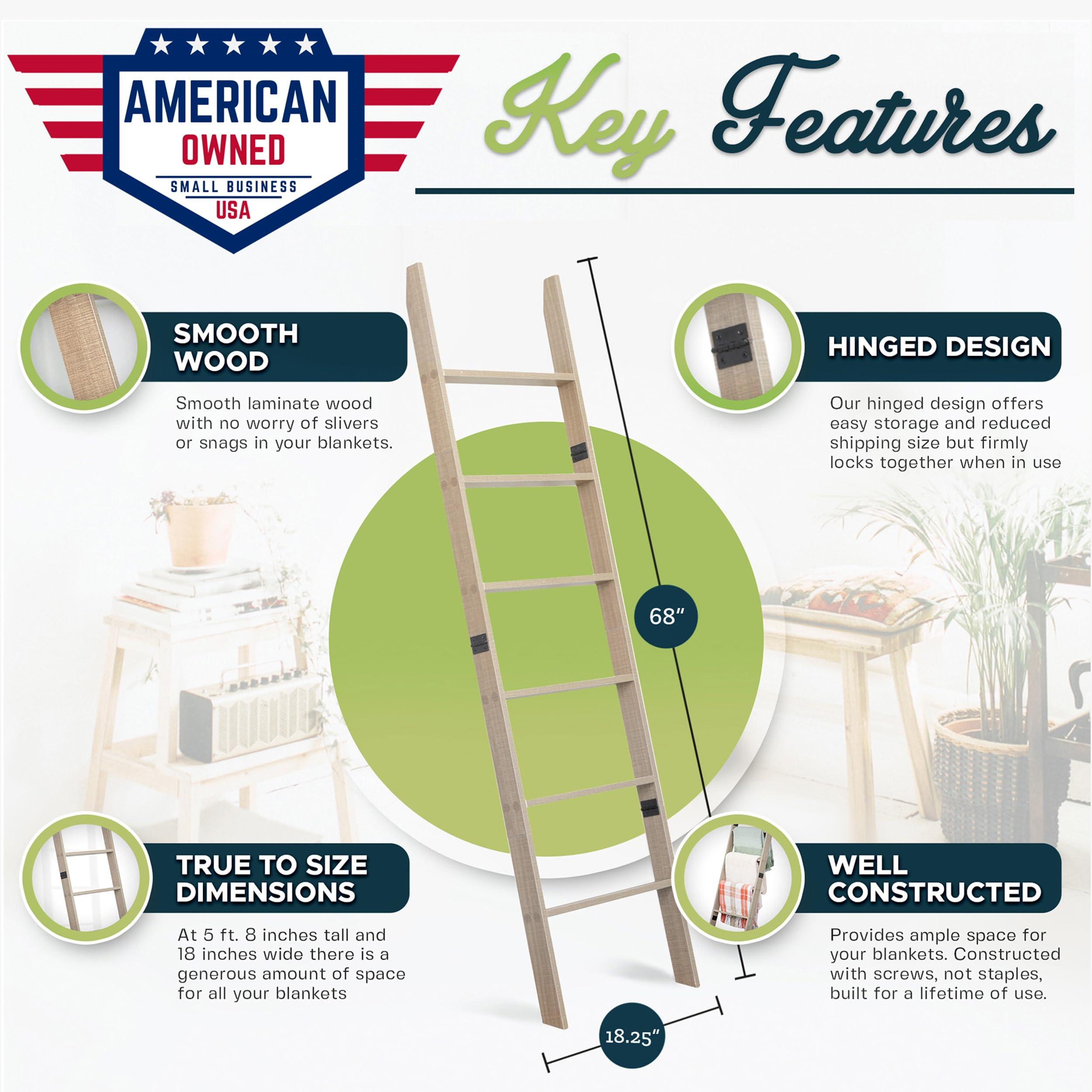 RELODECOR Blanket Ladder for Living Room and Bedroom, 5ft 8 inch, 6-Tier Wall Leaning Laminate Snag Free Construction (Smokey Oak) Rustic Decorative Farmhouse Blanket Storage, Quilt Rack, Ladder Shelf