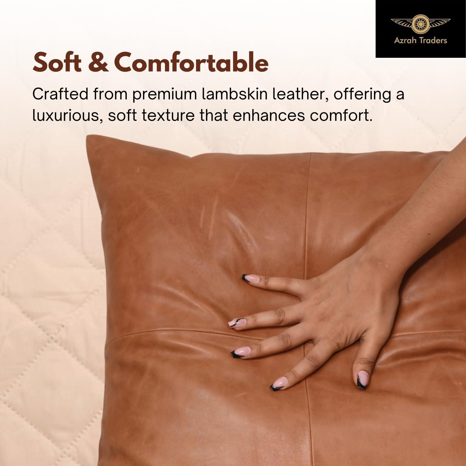 Azrah Traders Azrah Traders Lambskin Leather Pillow Cover - Sofa Cushion Case - Decorative Throw Covers for Living Room & Bedroom, 16x16 Inches - Antique Brown Plain