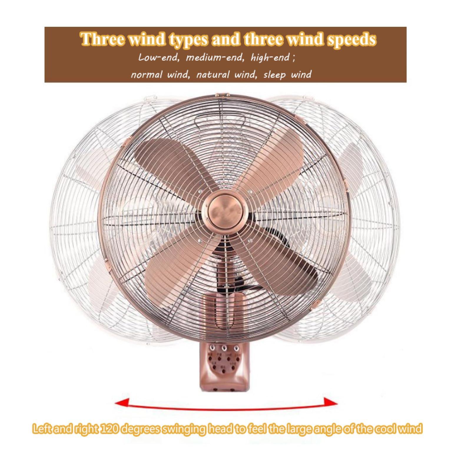 Topjia Metal Retro Wall Fan,3 Speed Mechanical / Remote Control Wall-mounted Fan,Left and right oscillating head wall mounted fan for Industrial,Commercial,Residential (18 inch, Red bronze remote control)