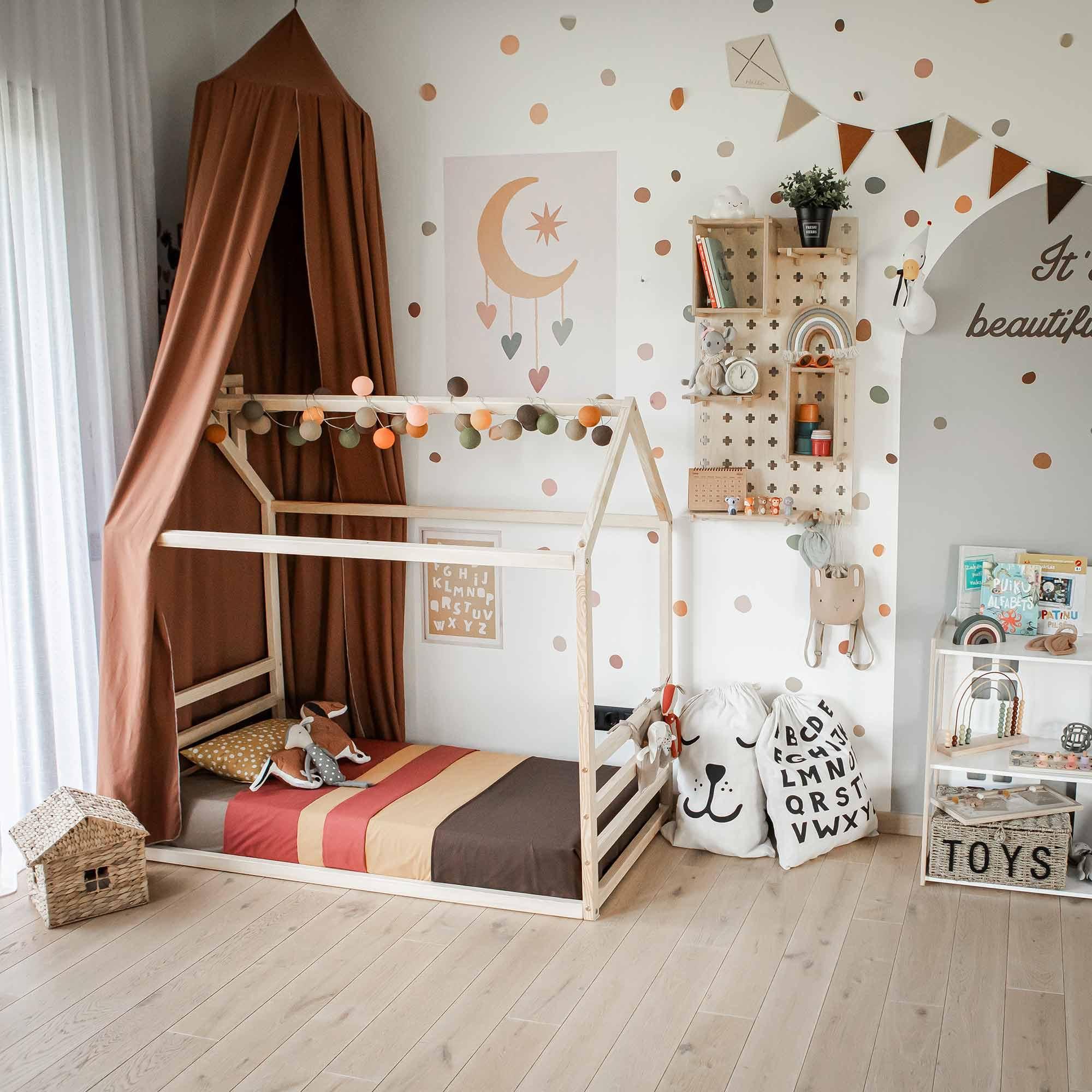 Sweet Home From Wood Montessori bed, Toddler house bed frame US Twin size, Montessori floor bed frame, Canopy bed WITH slats
