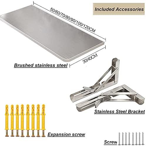 FALIYORS FALIYORS Wall-Mounted Folding Table for Kitchen, Fold Down Wall Table, Small Space Dining Table, Breakfast Bar Table, Workbench Foldable, Brushed Stainless Steel (Size : 9030cm/35inch12in