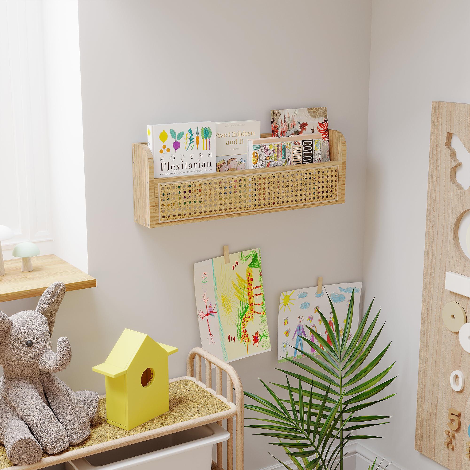 Ecowillon Ecowillon Wooden Rattan Wall Shelf - 24 Nursery Hanging Book Shelves for Wall, Picture Ledge Wicker Shelf, Boho Decorative Shelves for Netural Nursery Decor, Floating Rattan Shelf for Office,Bedroom