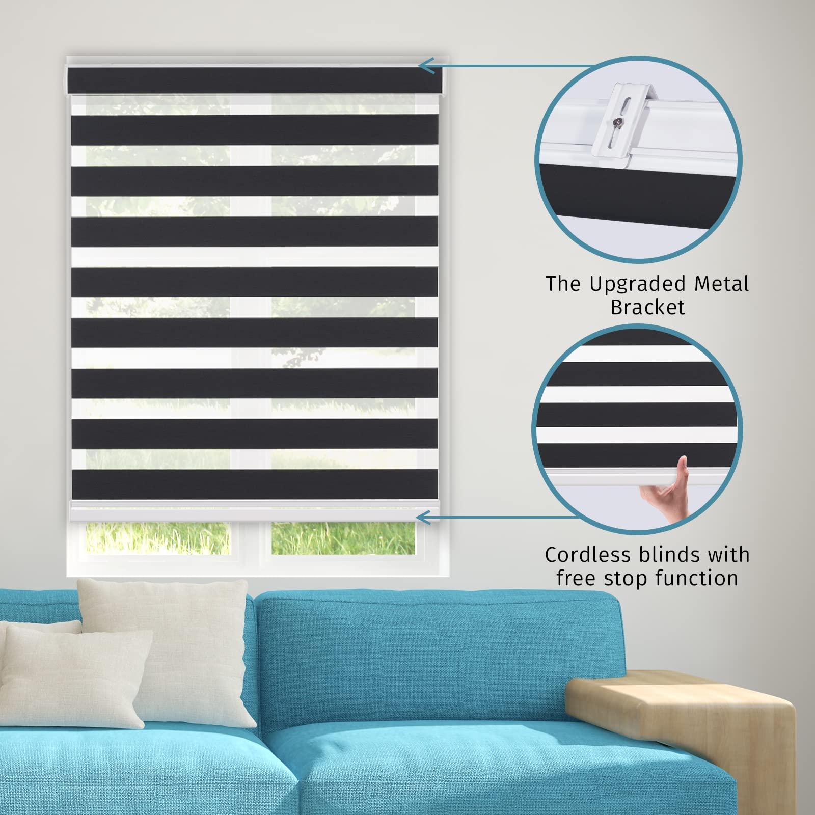 Yoinnt Cordless Zebra Blinds for Windows, Custom Size Zebra Roller Window Blinds, Dual Layer Blackout Zebra Roller Shades, Window Blinds for Home, Office, Kitchen, Bathroom 20 1/2 * 84in(W*H),Black