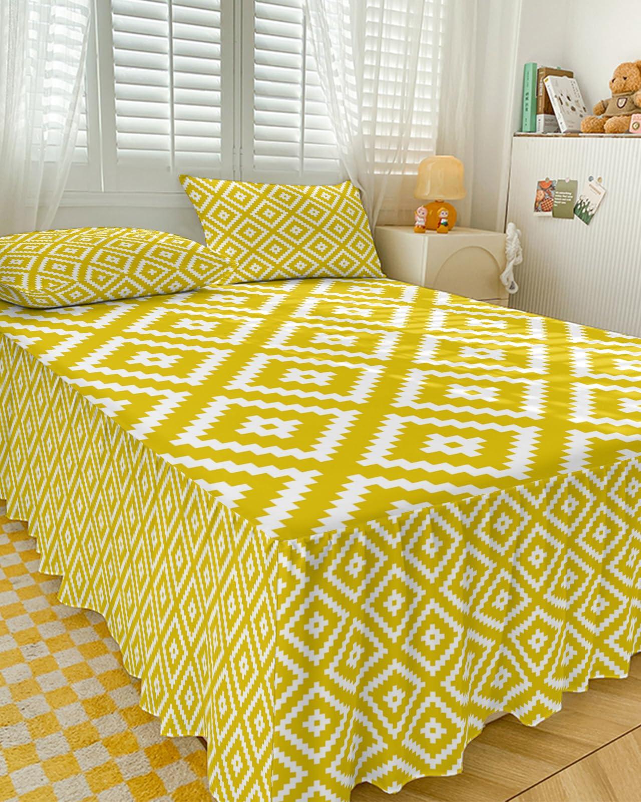 PRINT PICTURE ARTHOME Bed Skirt Full Size 18 Inch Drop, Yellow Wrap Around Bed Skirts Set - 1 Bed Sheet & 2 Pillowcase(30\"x20\"), Geometric Square Texture Dust Ruffle Bedding Sets