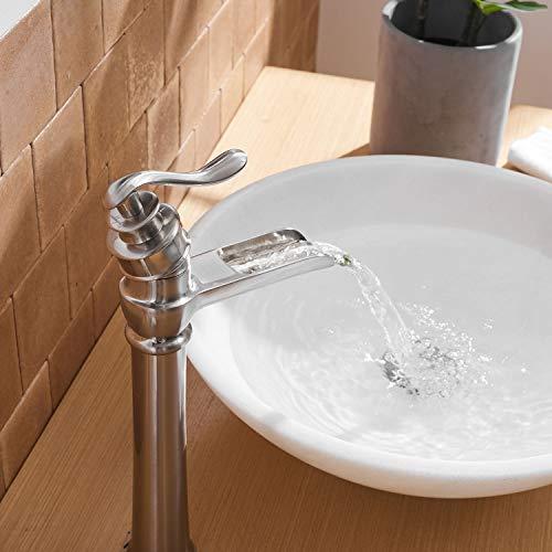 BWE Vessel Sink Faucet with Supply Line Brushed Nickel Deck Mount One Hole Single Handle Waterfall Bathroom Faucets Lavatory Mixer Tap Tall Body