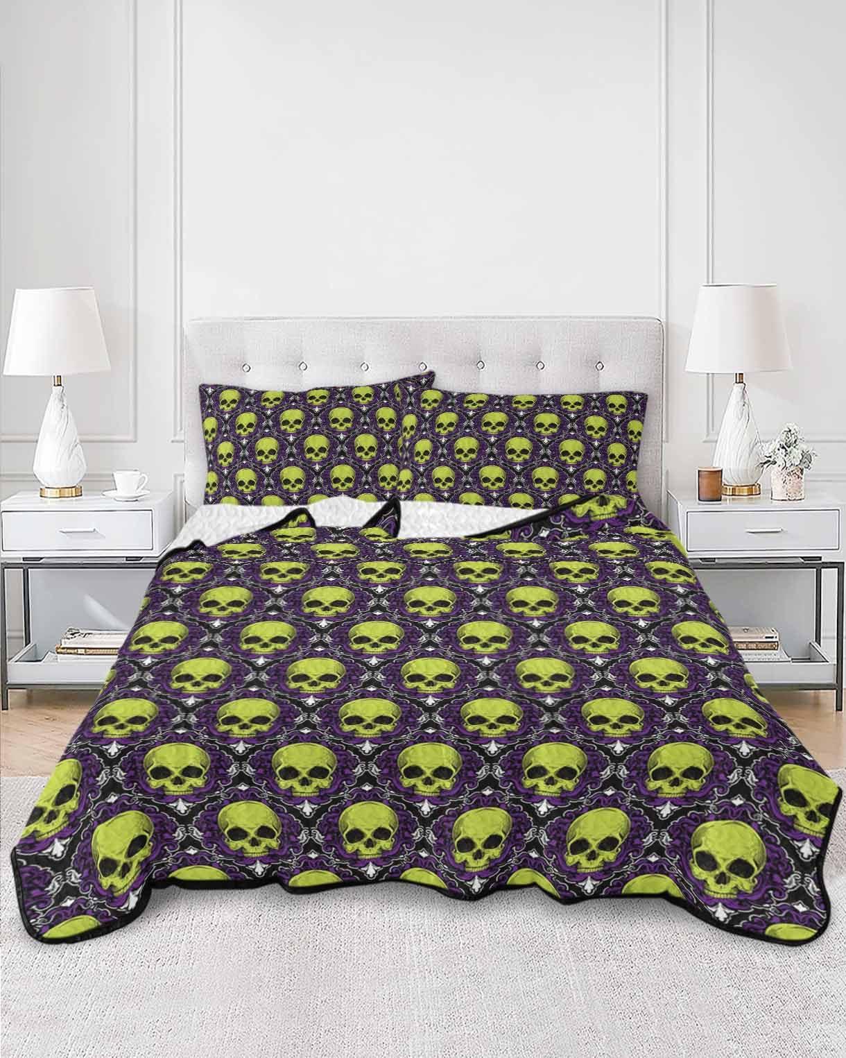 LEOKOTI LEOKOTI Twin Quilt Sets with 2 Pillow Shams, Halloween Skeleton Lightweight Summer Quilts Twin Size, Teal Skull Purple Geometric Bedspreads Coverlet Bedding Set 3 Pieces for All Seasons