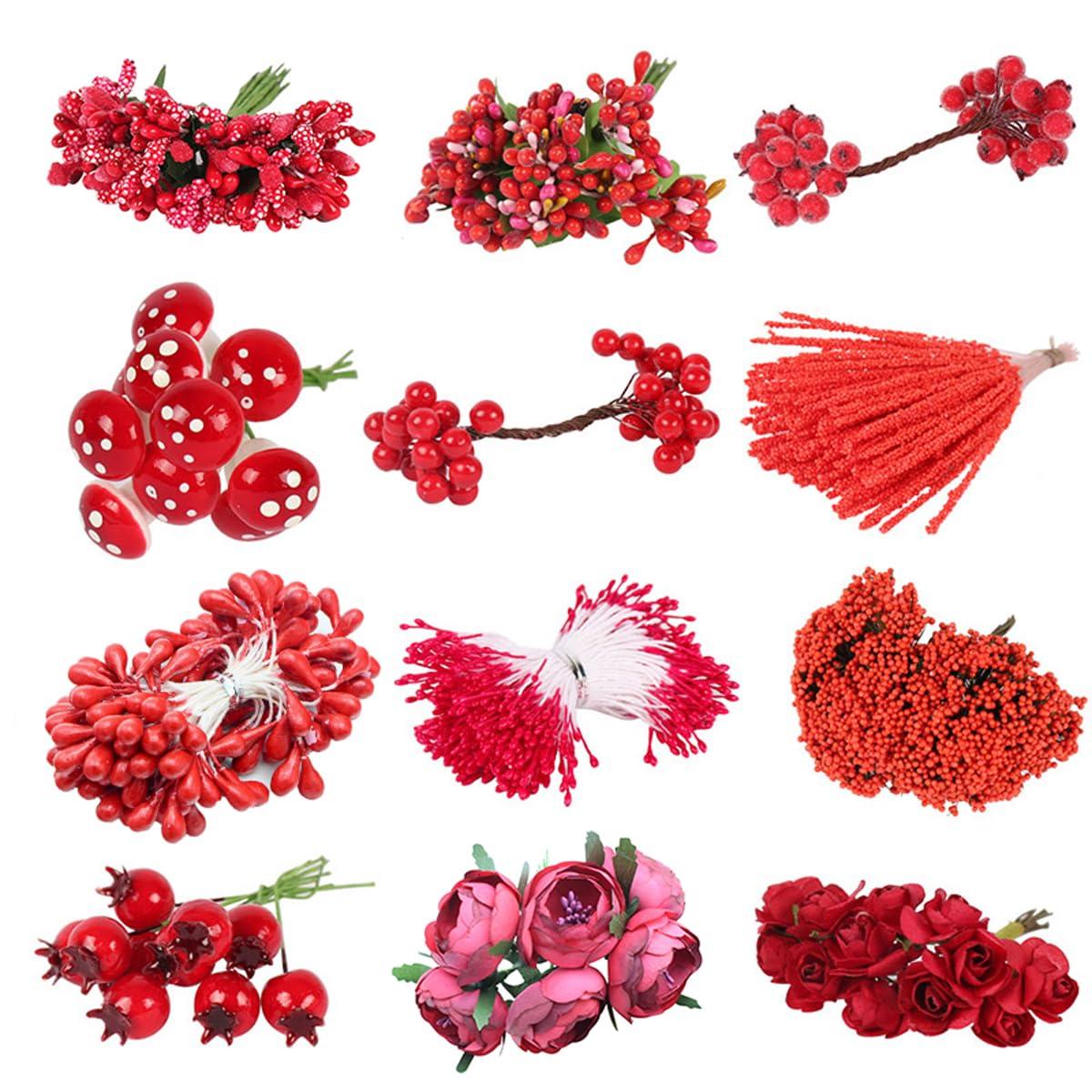 ECYC Ltd ECYC Ltd 6Pcs/lot Artificial Flower Stamen Pistil Artificial Holly Berries Double Head Mini Stamens Red Faux Flower Stamen Fake Berries for Flower Making Christmas Wreath Decorations DIY Crafts