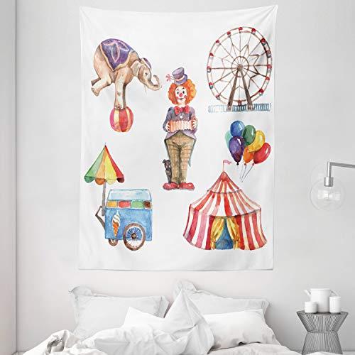 Ambesonne Ambesonne Circus Tapestry, Festive Fun Elements Clown Elephant Balloons Ice Cream Cart Watercolor Illustration, Wall Hanging for Bedroom Living Room Dorm Decor, 60\" X 80\", Multicolor