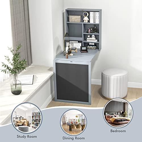 IFANNY IFANNY Folding Wall Desk, Wall Mounted Fold Out Desk with Storage Shelves & Hooks, Hideaway Desk Wall Mount with Chalkboard, Floating Corner Desk for Small Spaces (Gray)