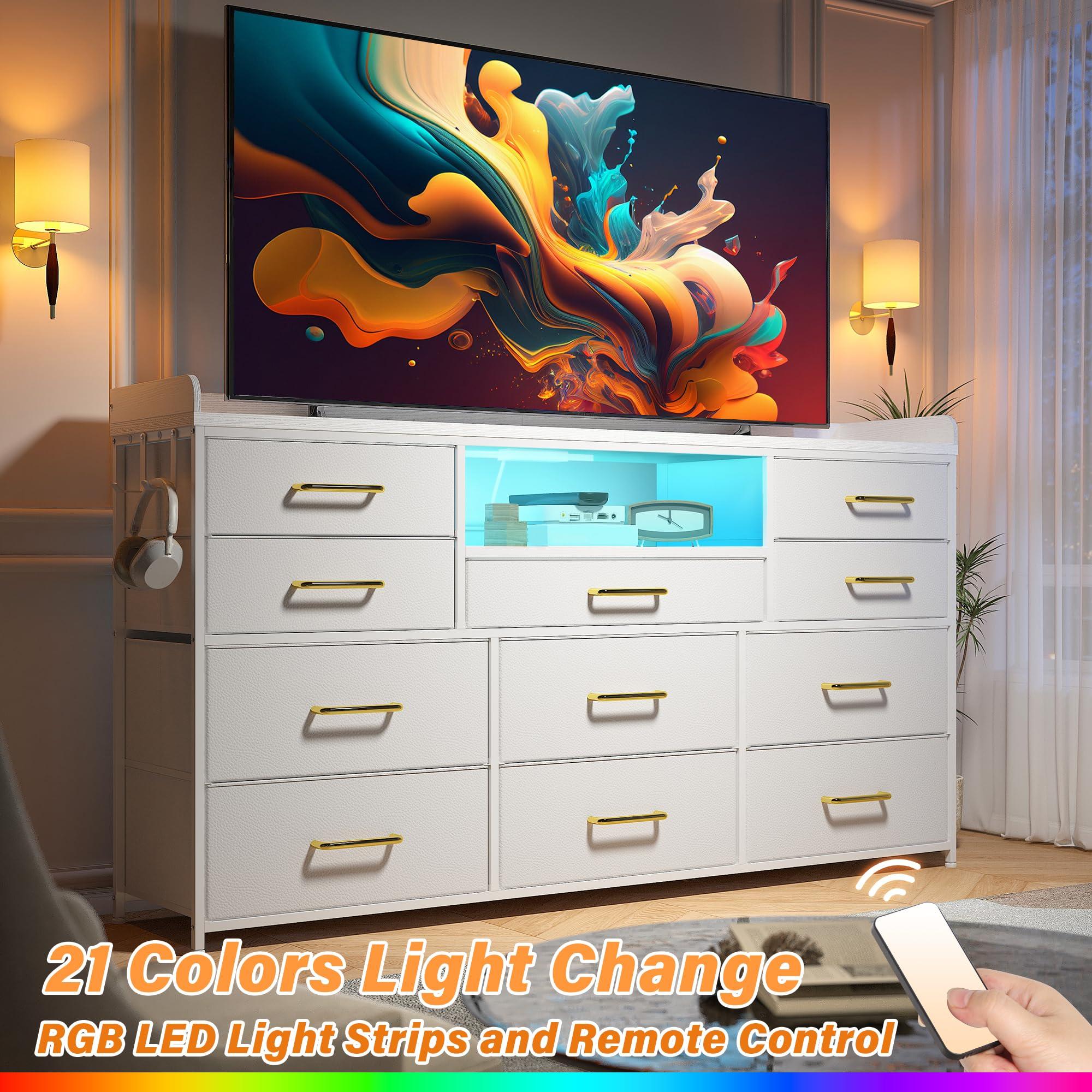 EnHomee EnHomee Dresser TV Stand with 11 Drawers for 60\" TV Stand for Bedroom with LED Lights & Power Outlets Long Dresser for Bedroom with Shelves & 4 Hooks Sturdy Metal Frame & Wood Top, White