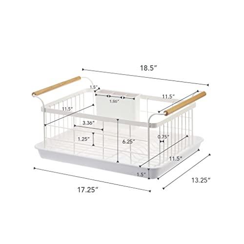 YAMAZAKI Yamazaki Home Dish Rack with Removeable Drainer Tray, Kitchen Counter Dish Drying Organizer Holder Steel + Wood One Size White