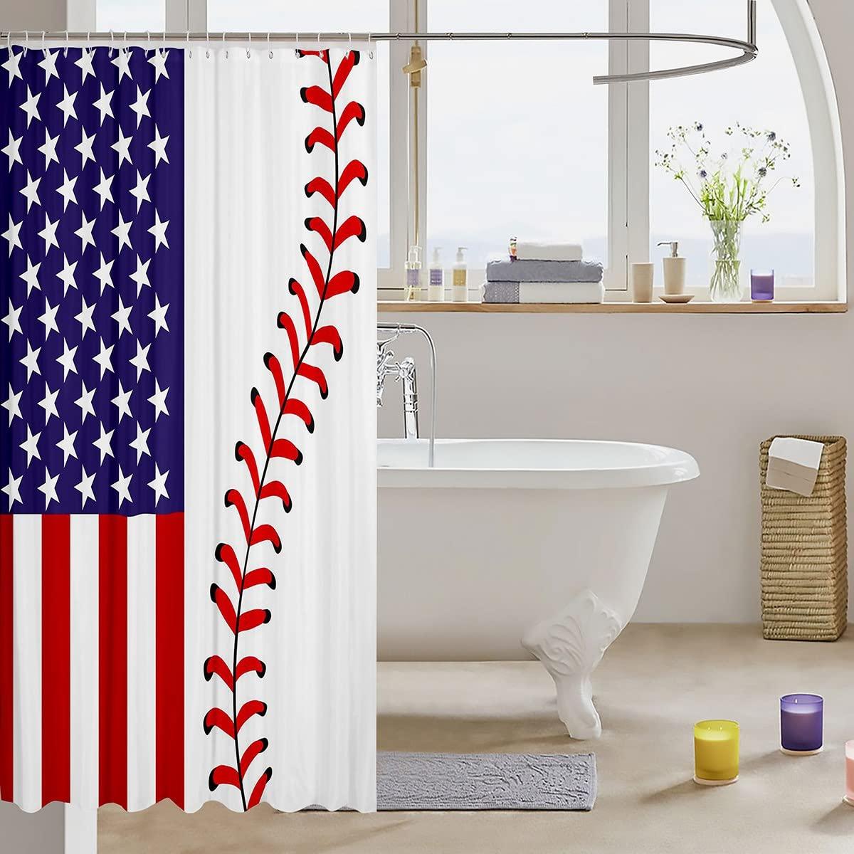 Homewish American Flag Shower Curtains,Abstract Baseball Bathroom Curtains for Kids Teens Adult,Ball Games Waterproof Bath Curtains,with 12 Hooks Suits for Bathtub, 72\" W x 78\" L,Red and White
