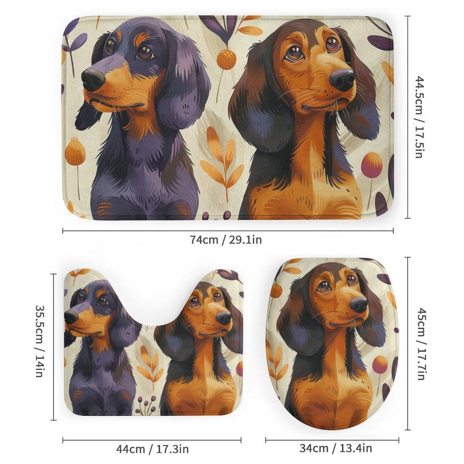 HDESDIS HDESDIS 4Pcs Cartoon Dachshund Dog Shower Curtain Sets with Rugs, Toilet Lid Cover and Bath Mat, Vintage Balloon Leaf Bathroom Shower Curtains Set with 12 Hooks