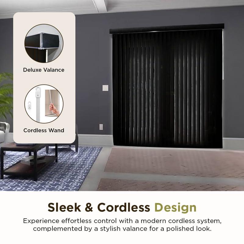 BlindDen Black Frisco Textured Vinyl Vertical Blinds with 3-1/2" Embossed Vanes 54" Wide x 48" Long Cordless