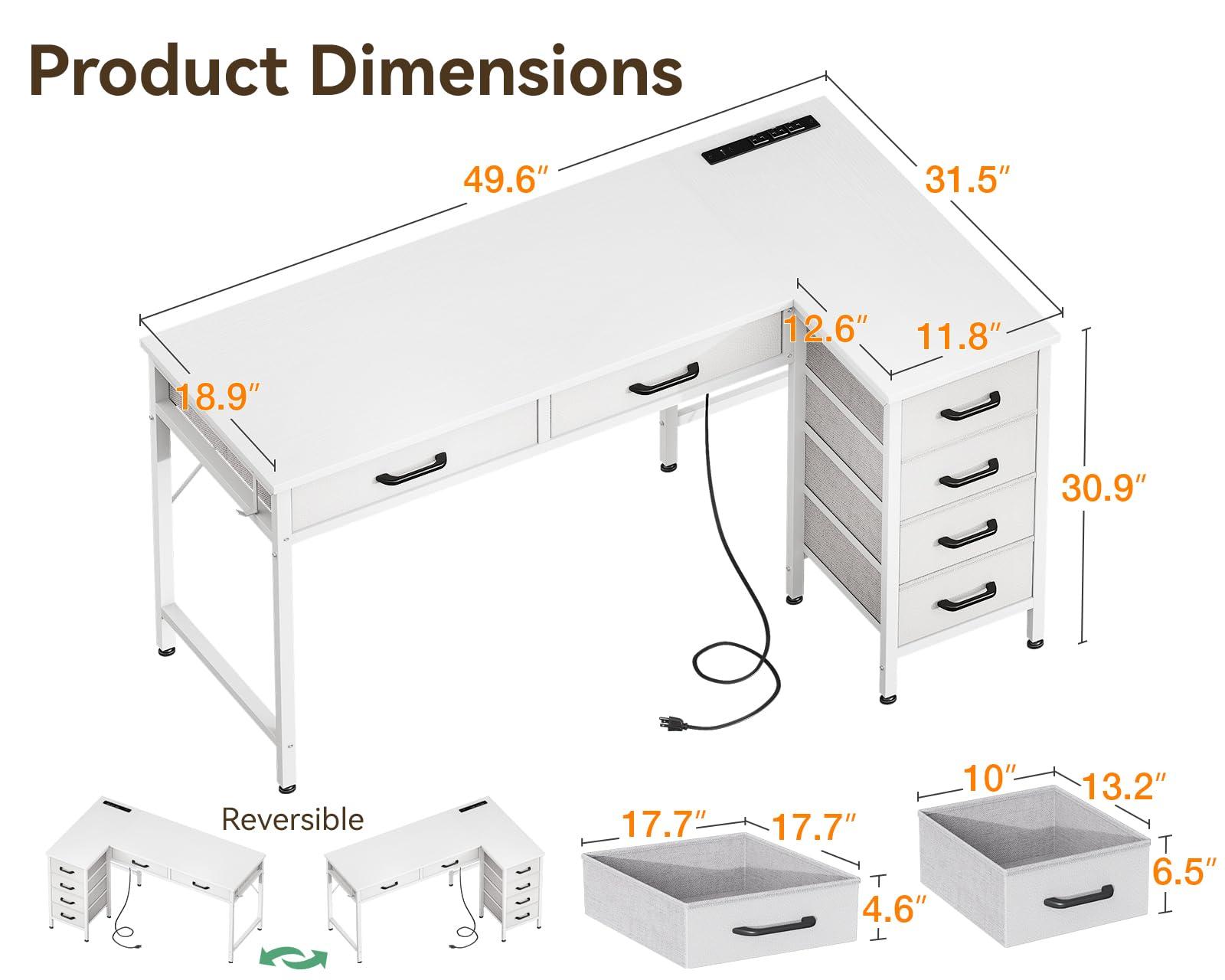 Coleshome Coleshome 50 Inch L Shaped Desk with Drawers, Computer Desk with Power Outlets, Home Office Desk with 6 Drawers, Reversible Corner Desk for Small Space, Study Work Table with Hook, White